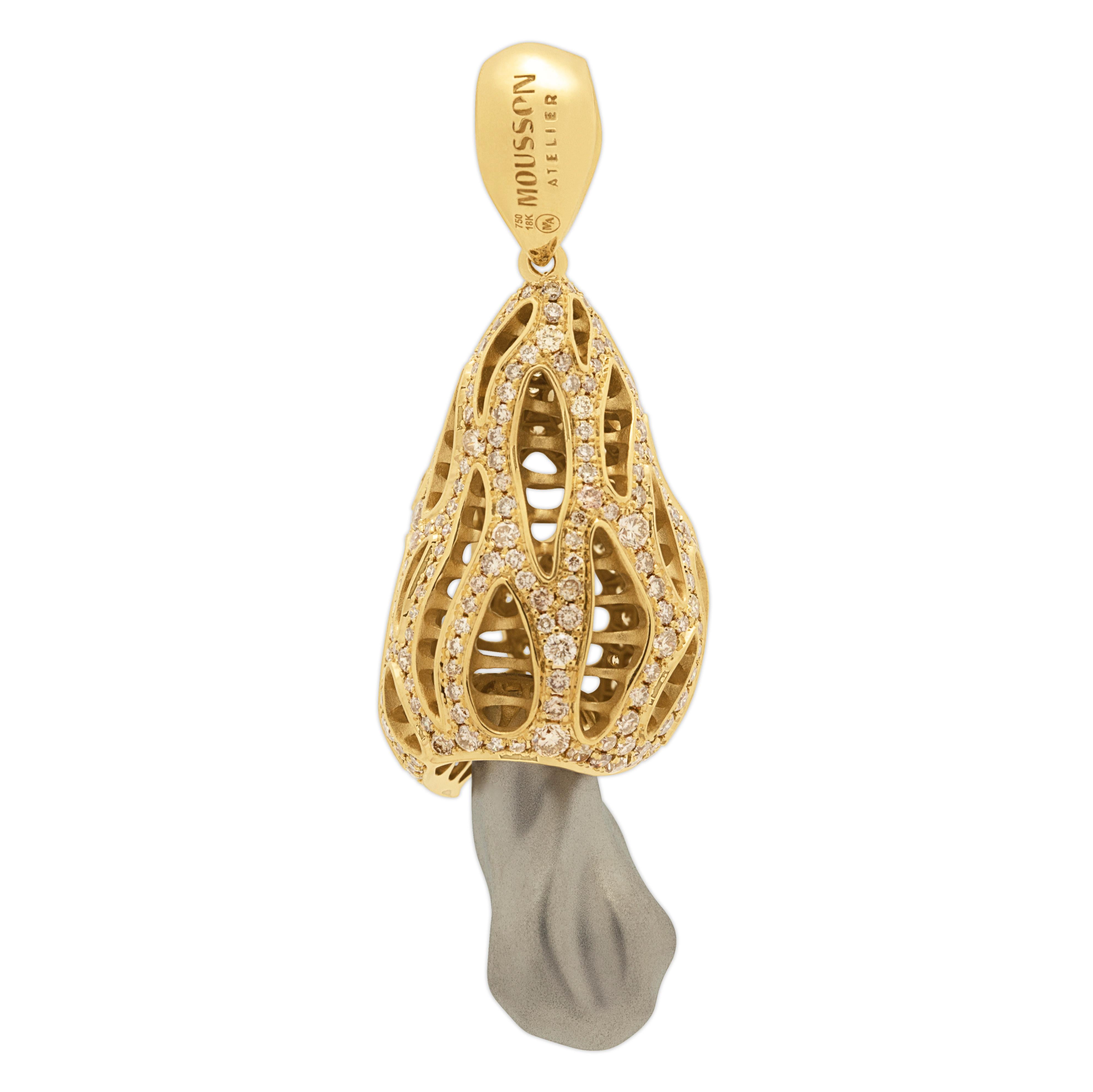 Champagne Diamonds 18 Karat Yellow Gold Mushroom Pendant
We present to your attention a Pendant from our Treasure Forest Collection in the form of a mushroom. Yellow 18 Karat Gold Pendant has an abnormal deeply cracked shape, which was created,