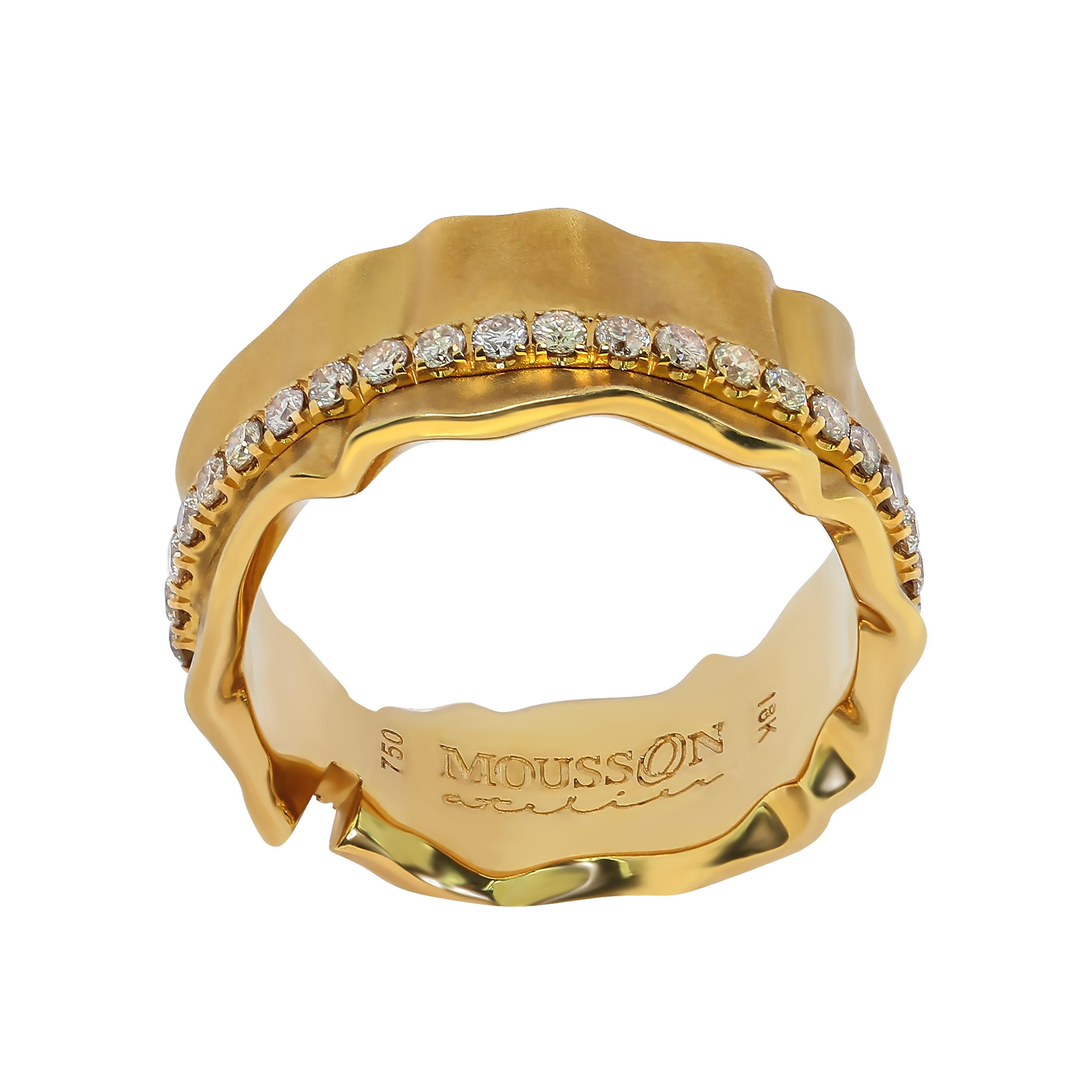 Champagne Diamonds 18 Karat Yellow Gold Pret-a-Porter Ring
Rings from Pret-a-Porter collection are the elegance of fabrics. This Ring is made as if of silk, which is pretty crumpled under the pressure of shiny 38 Champagne Diamonds. 