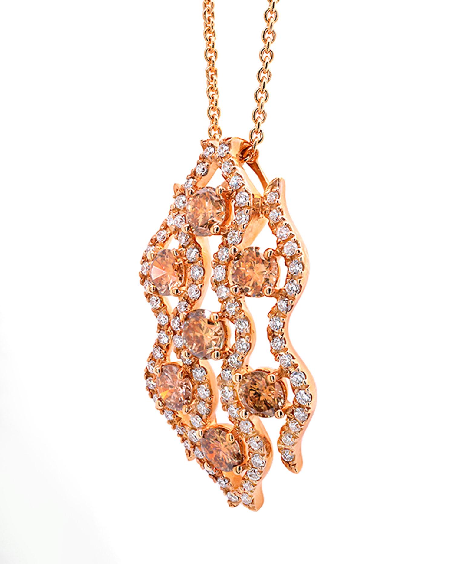 Taille ronde Collier pendentif champagne diamants blancs 1,47 carats or rose 18 carats en vente