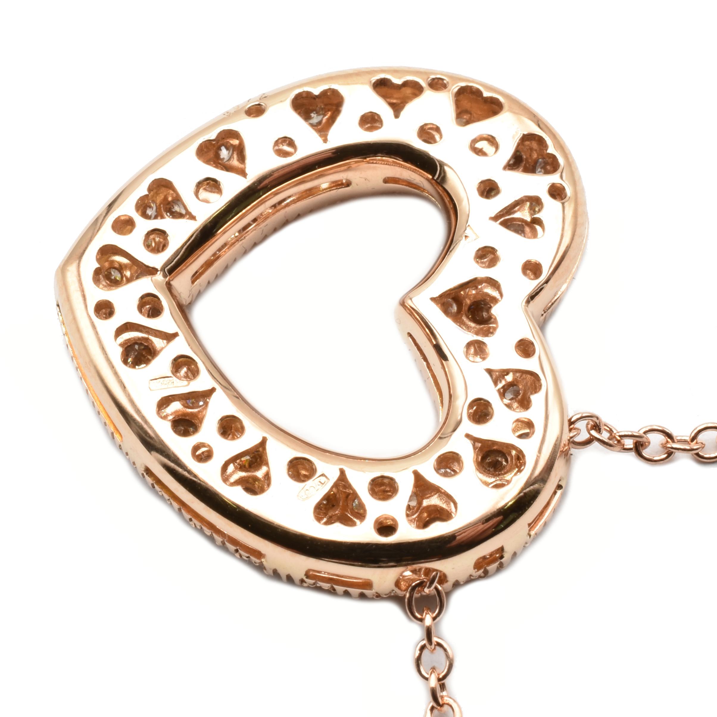 Contemporary Champagne Diamonds Rose Gold Heart Pendant Necklace Made in Italy For Sale