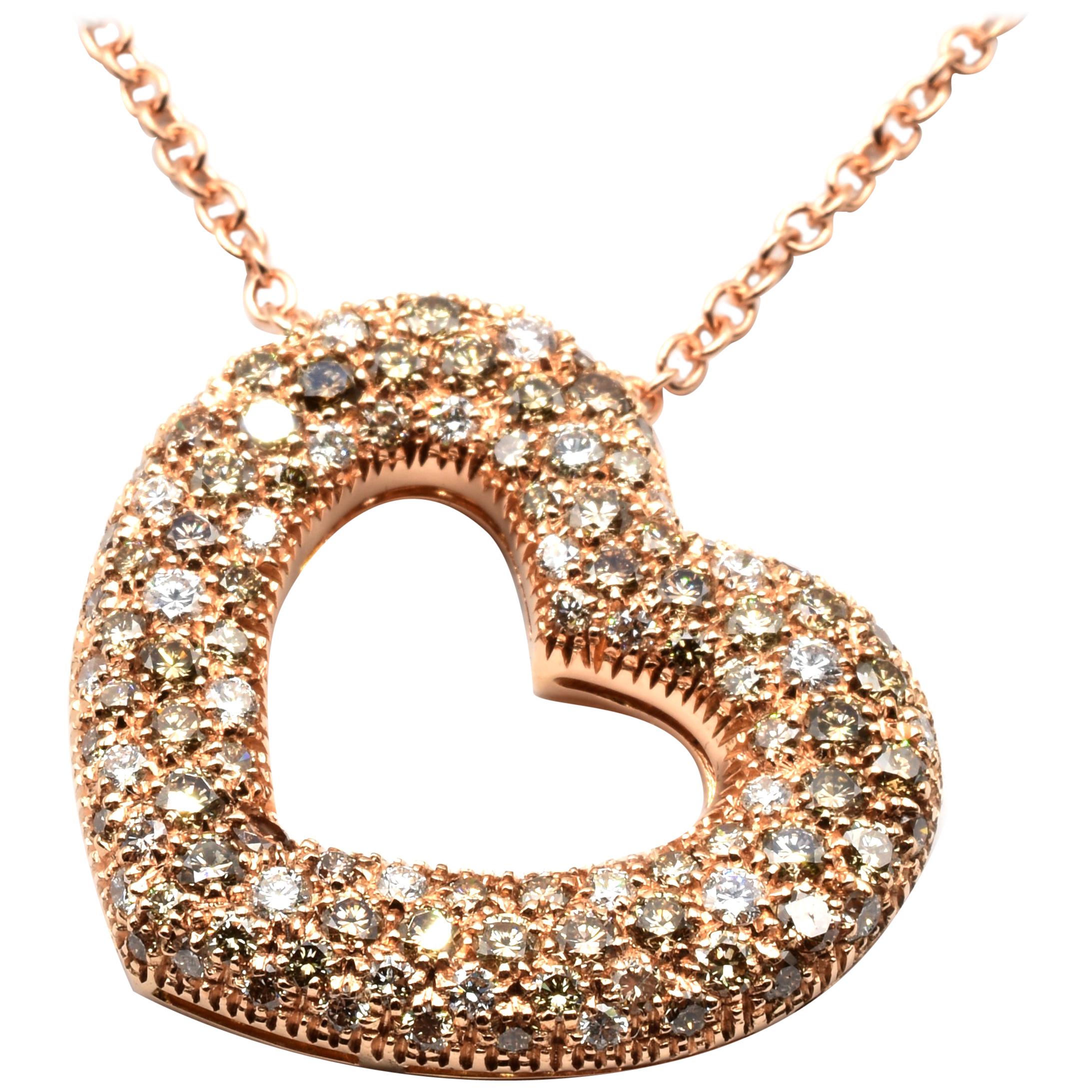 Champagne Diamonds Rose Gold Heart Pendant Necklace Made in Italy For Sale