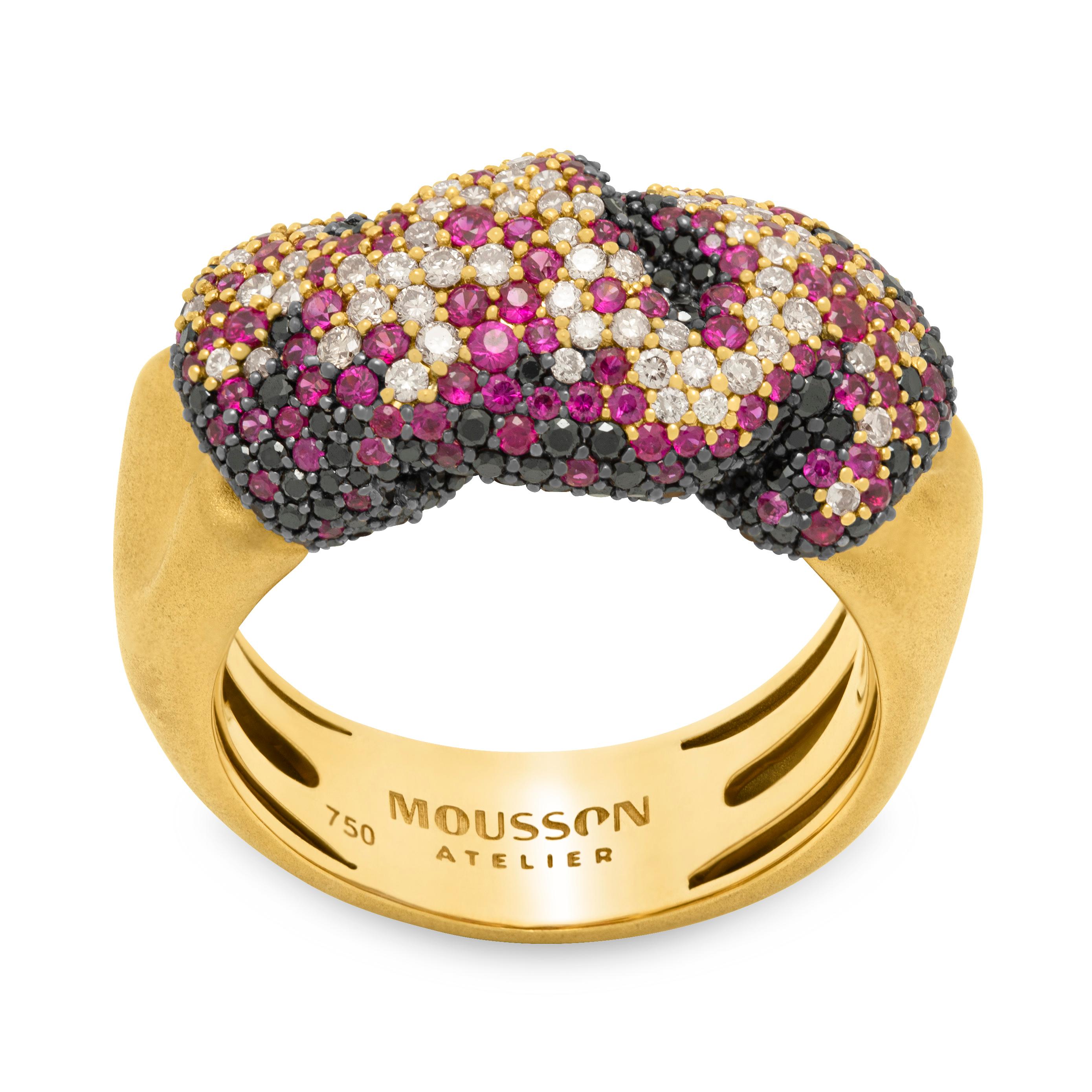 Champagne Diamonds Ruby Black Diamonds 18 Karat Yellow Gold Ring

This exquisite Ring is exquisitely rendered in 18K Matte Yellow Gold, showcasing 243 shimmering Black Diamonds with a total carat weight of 0.75 and 123 deep Red Rubies at 0.64. 62