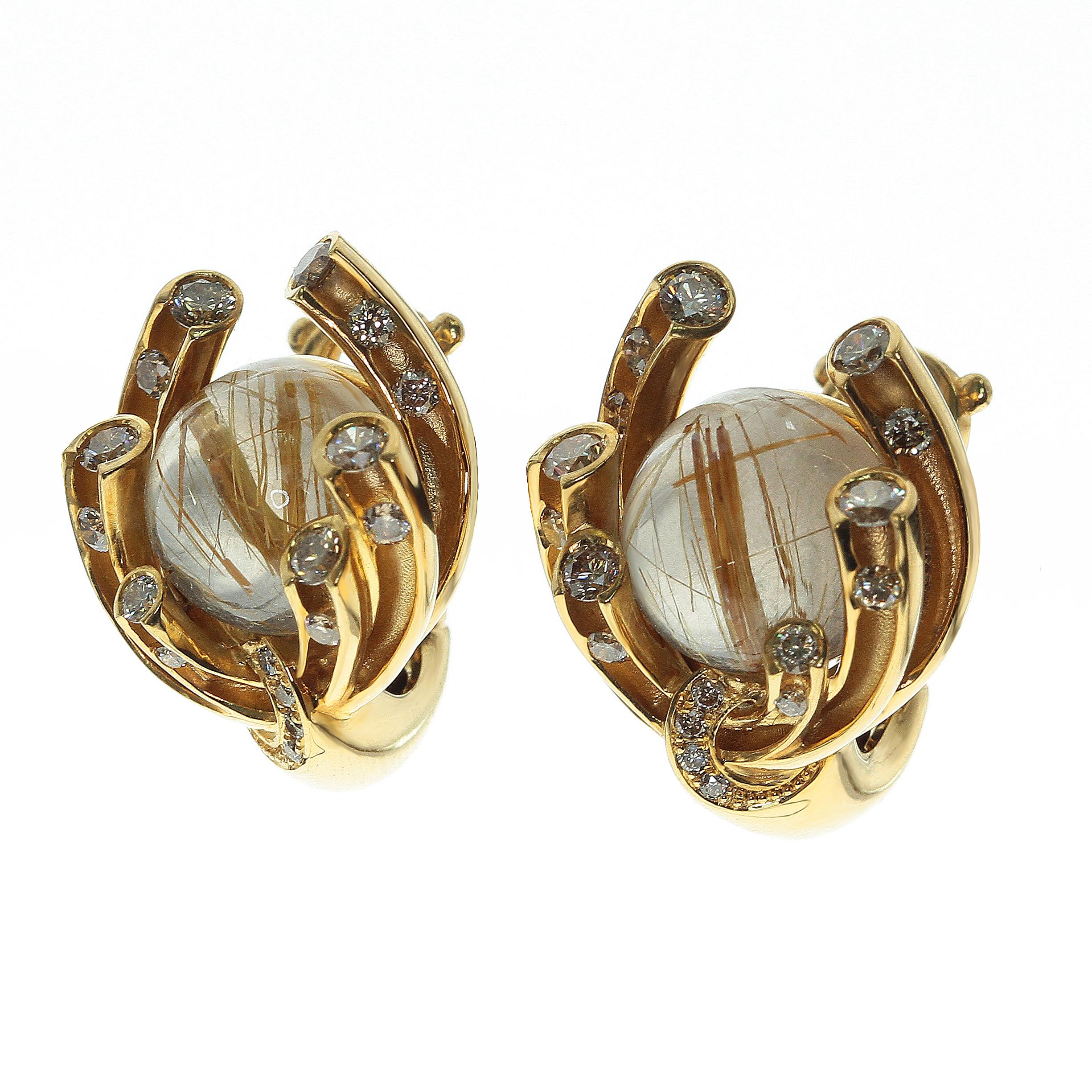 Champagne Diamonds, 6.69Ct Rutilated Quartz, 18 Karat Yellow Gold Earrings
Our designers draw inspiration from everywhere. Also is here. What is interesting in brushwood? And you just imagine how these 2 Rutilated Quartz weighing 6.69Ct endows these