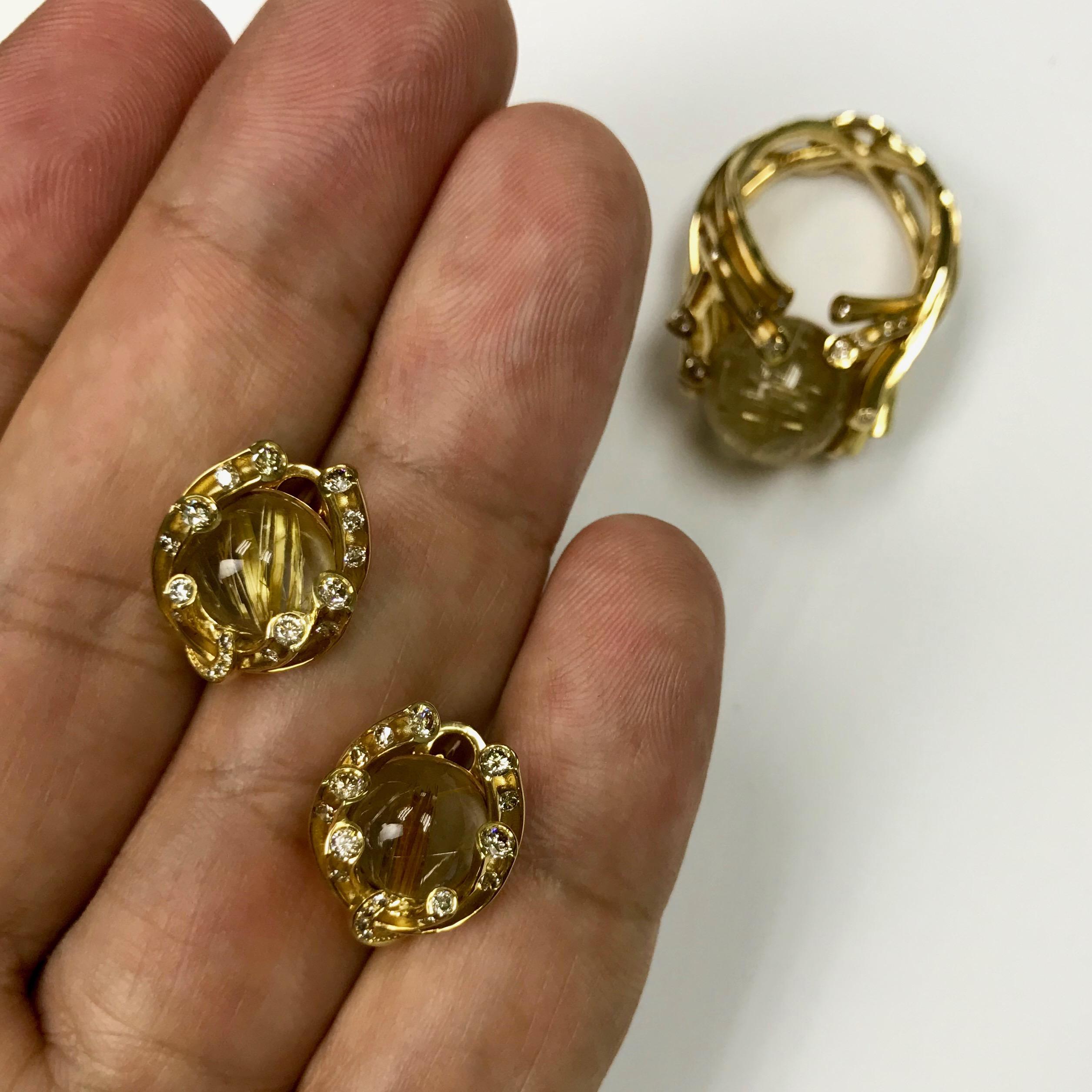 Art Deco Champagne Diamonds Rutilated Quartz 6.69 Carat 18 Karat Yellow Gold Earrings For Sale