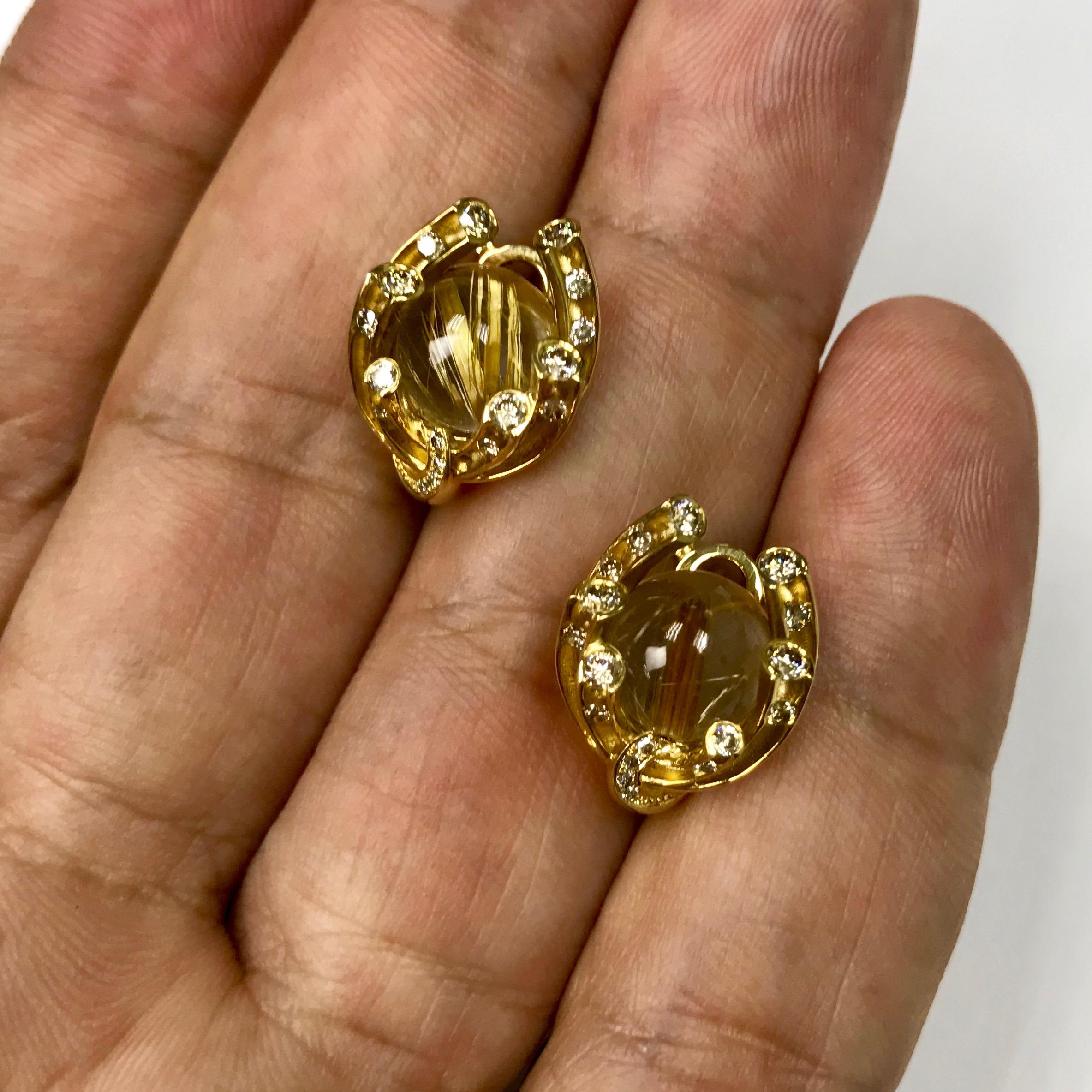 Champagne Diamonds Rutilated Quartz 6.69 Carat 18 Karat Yellow Gold Earrings In New Condition In Bangkok, TH