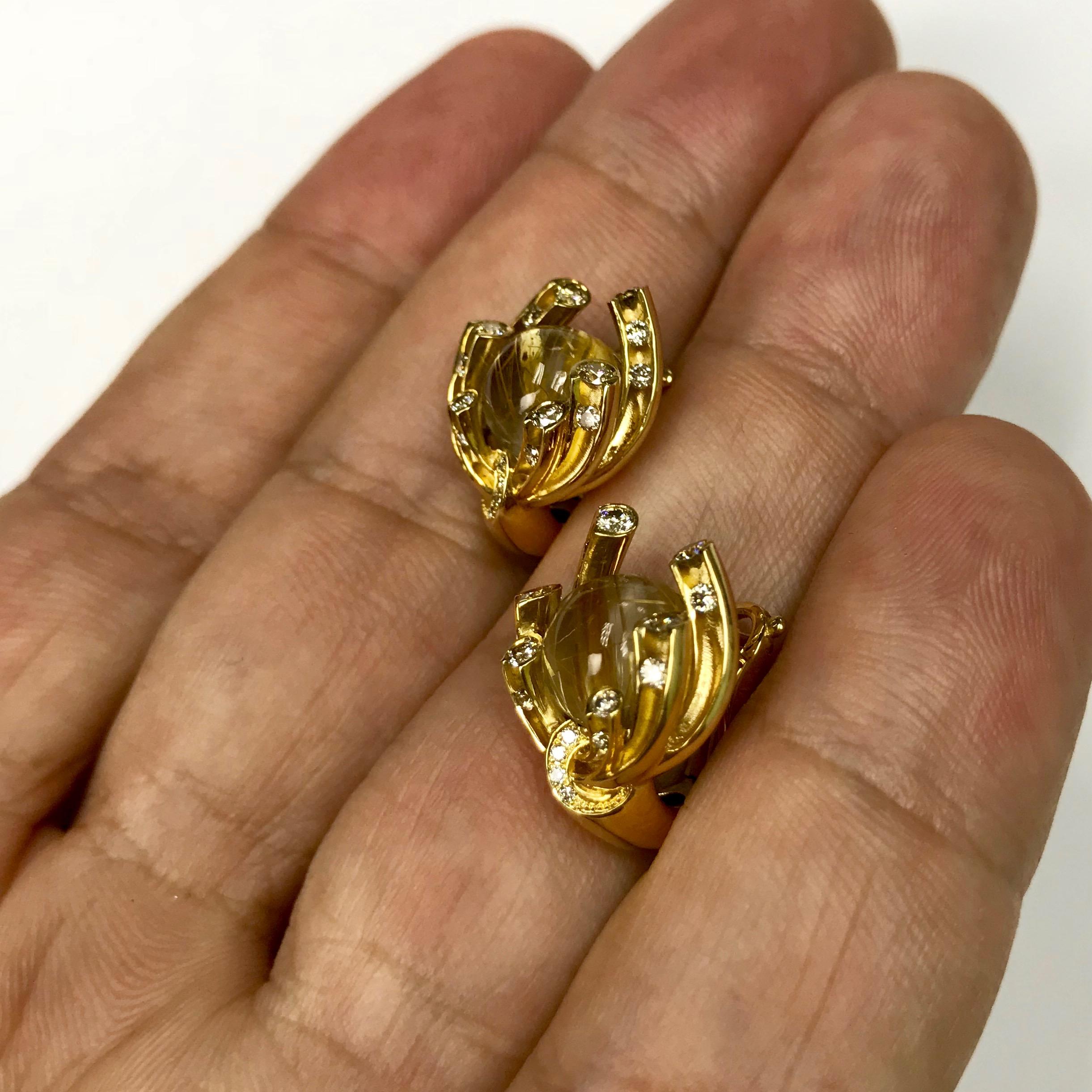 Women's Champagne Diamonds Rutilated Quartz 6.69 Carat 18 Karat Yellow Gold Earrings