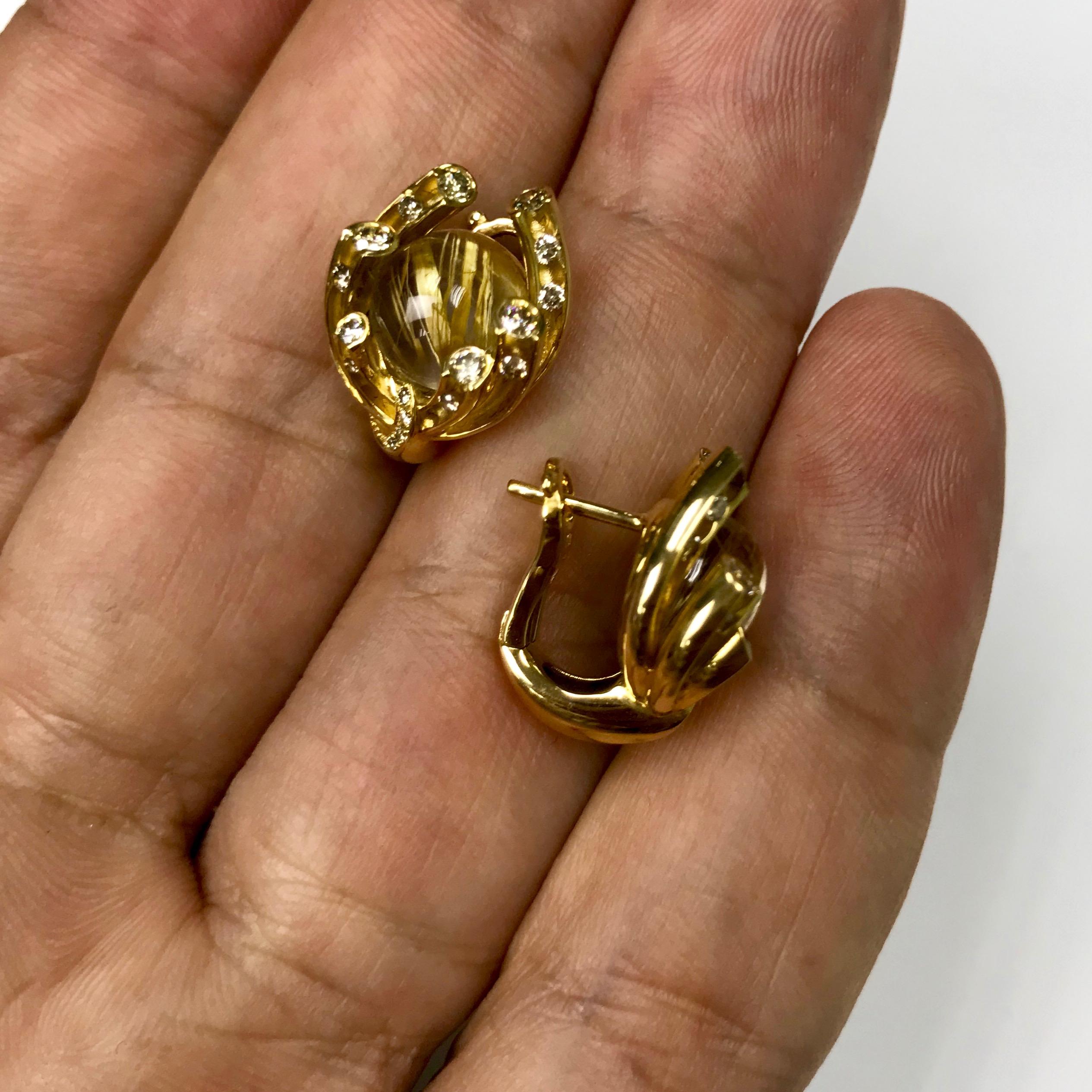 Champagne Diamonds Rutilated Quartz 6.69 Carat 18 Karat Yellow Gold Earrings For Sale 1