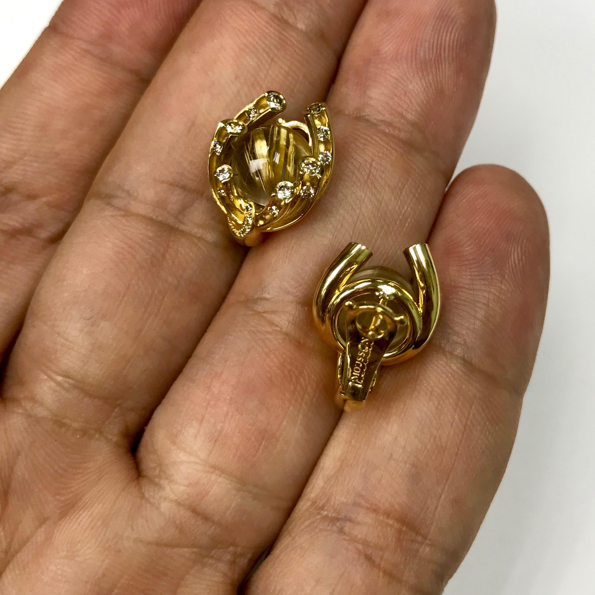 Champagne Diamonds Rutilated Quartz 6.69 Carat 18 Karat Yellow Gold Earrings 3