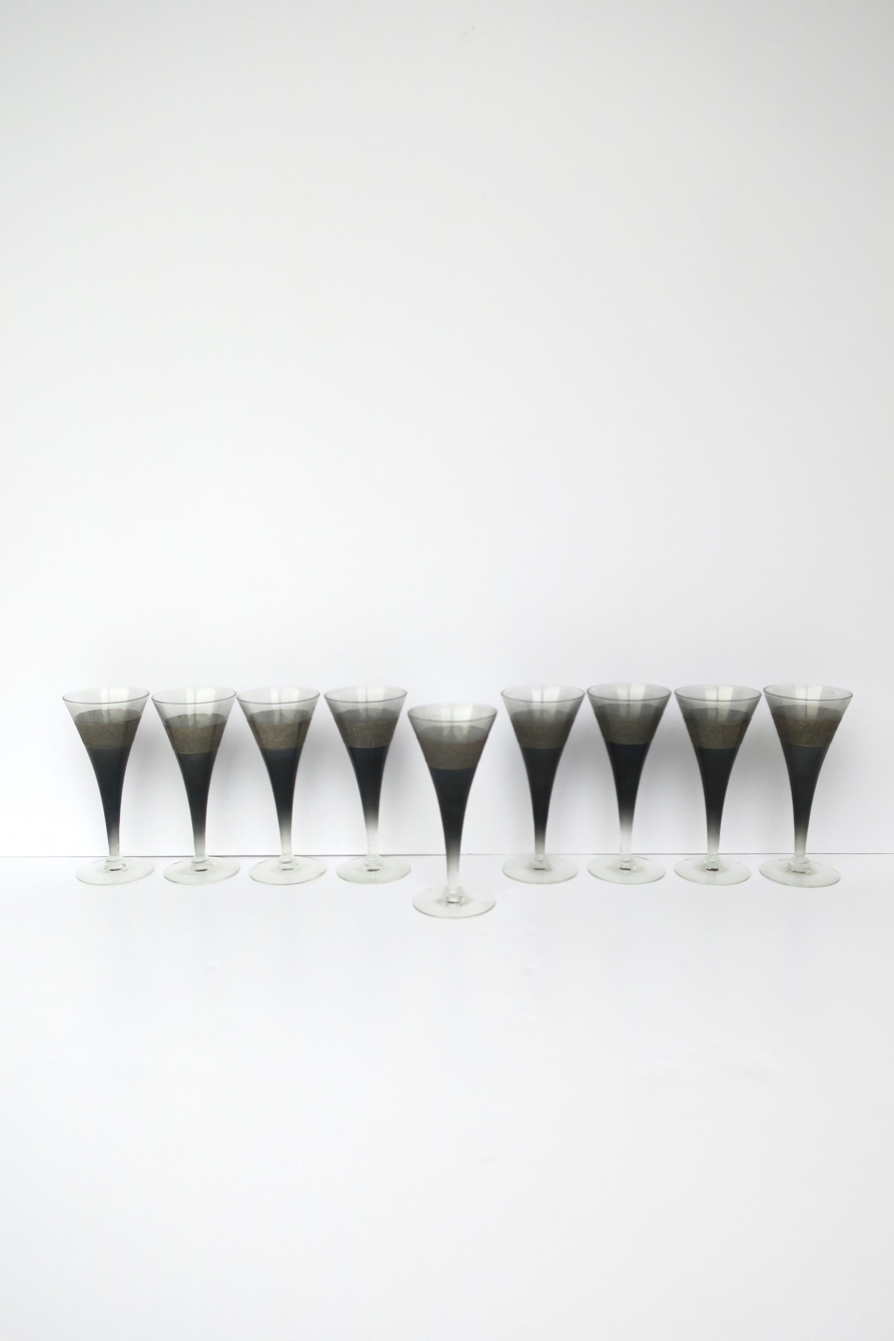 Polychromed Champagne Flutes Glasses in Black & Silver, circa 1960s For Sale