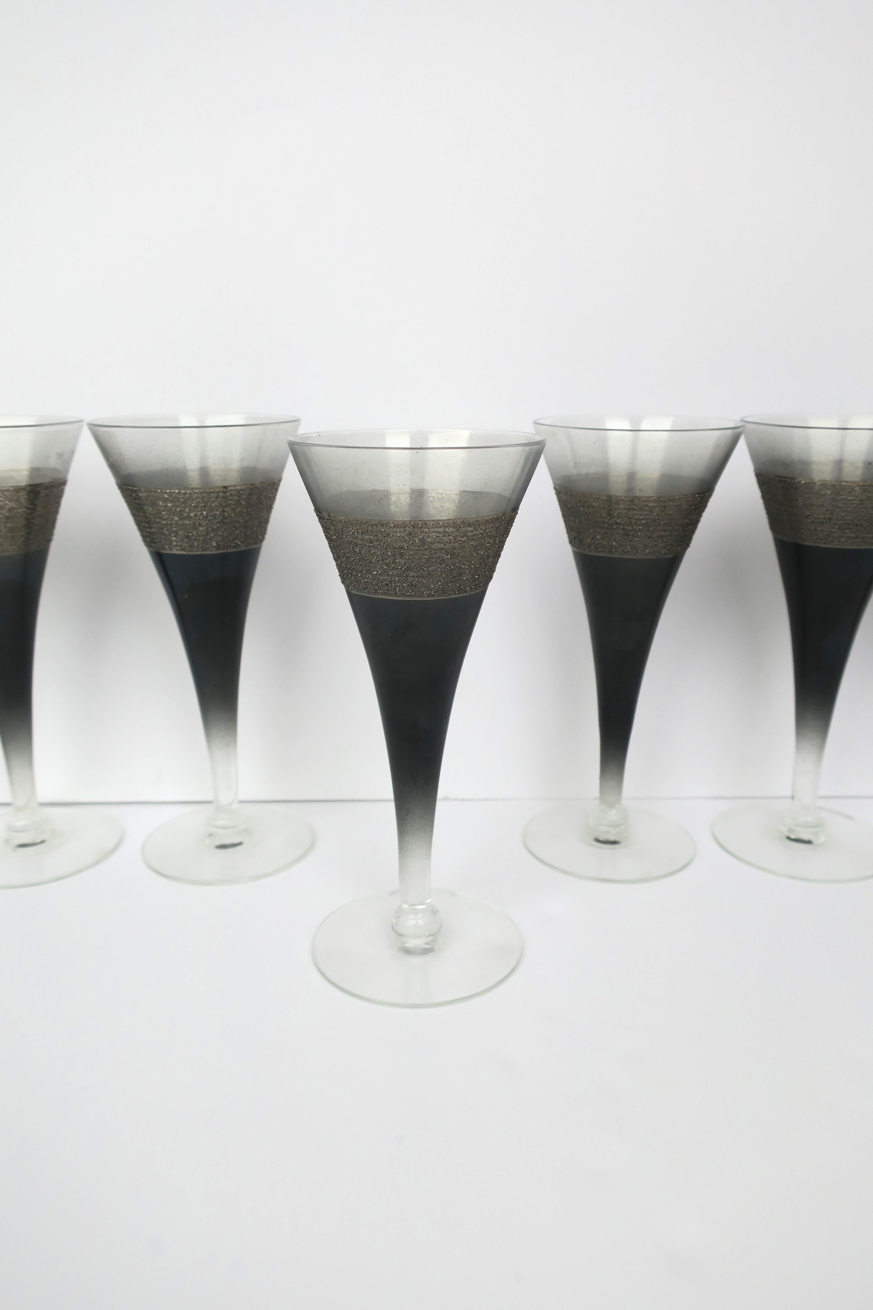 Mid-20th Century Champagne Flutes Glasses in Black & Silver, circa 1960s For Sale
