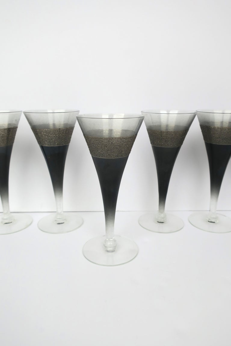 Champagne Flutes Glasses in Black and Silver, circa 1960s For Sale at