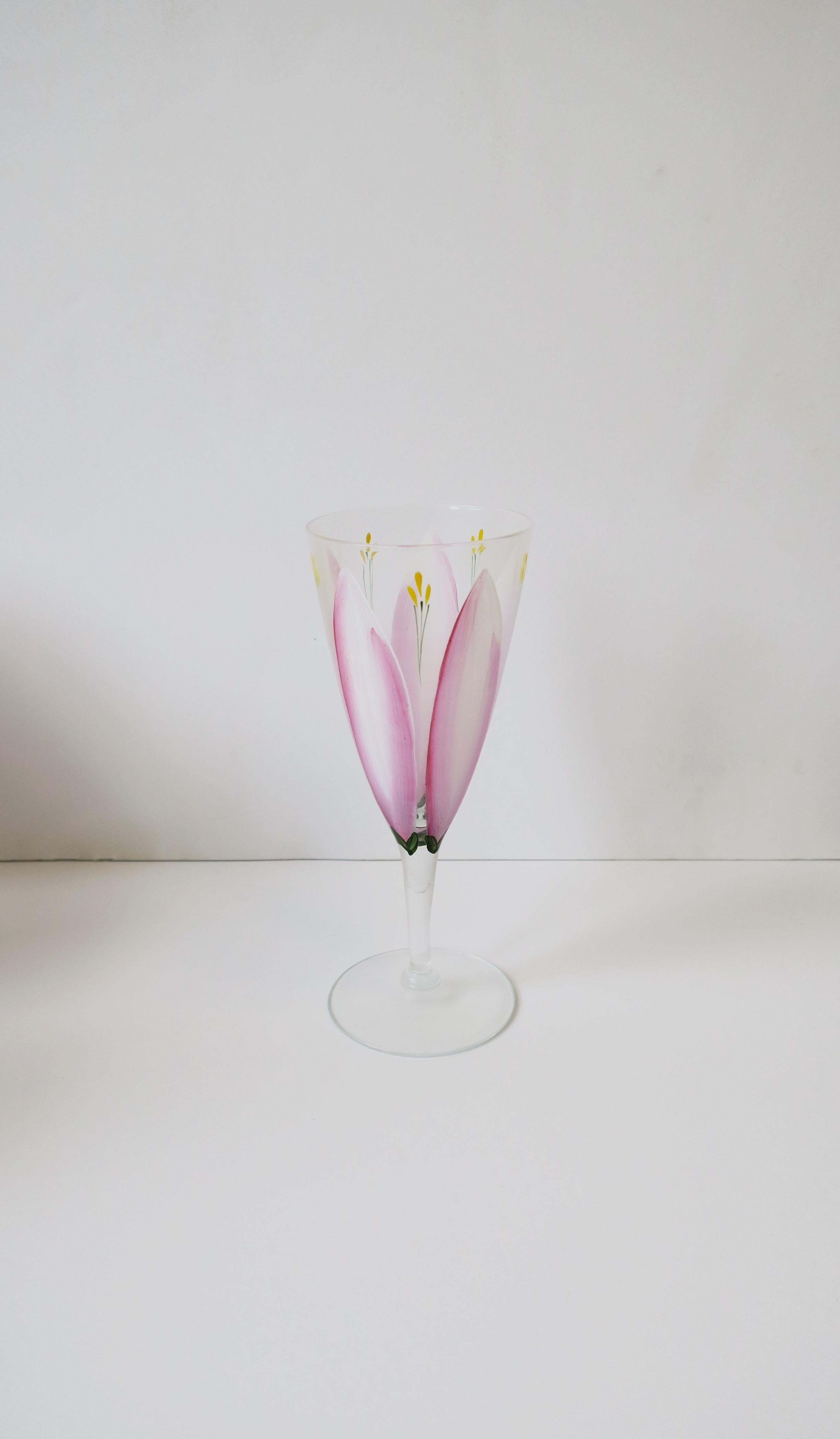 Champagne Flutes Glasses Hand Painted Pink Tulip Flower Design, Set of 12 For Sale 7