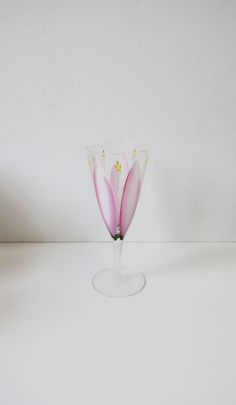 Champagne Flutes Glasses with Pink Tulip Flower Design, Set of 12 For