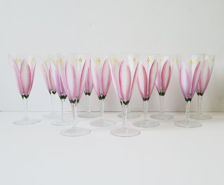 Champagne Flutes Glasses with Pink Tulip Flower Design, Set of 12 For