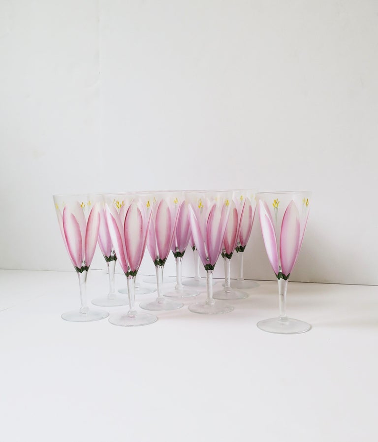 Champagne Flutes Glasses with Pink Tulip Flower Design, Set of 12 For
