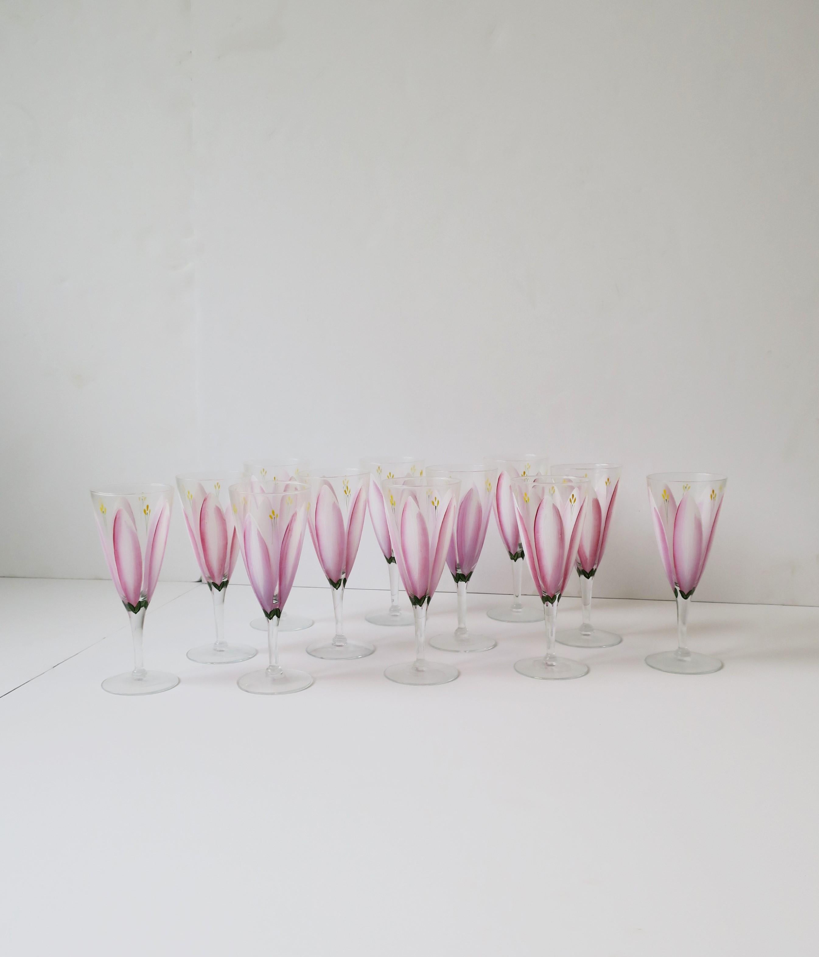European Champagne Flutes Glasses with Pink Tulip Flower Design, Set of 12 For Sale
