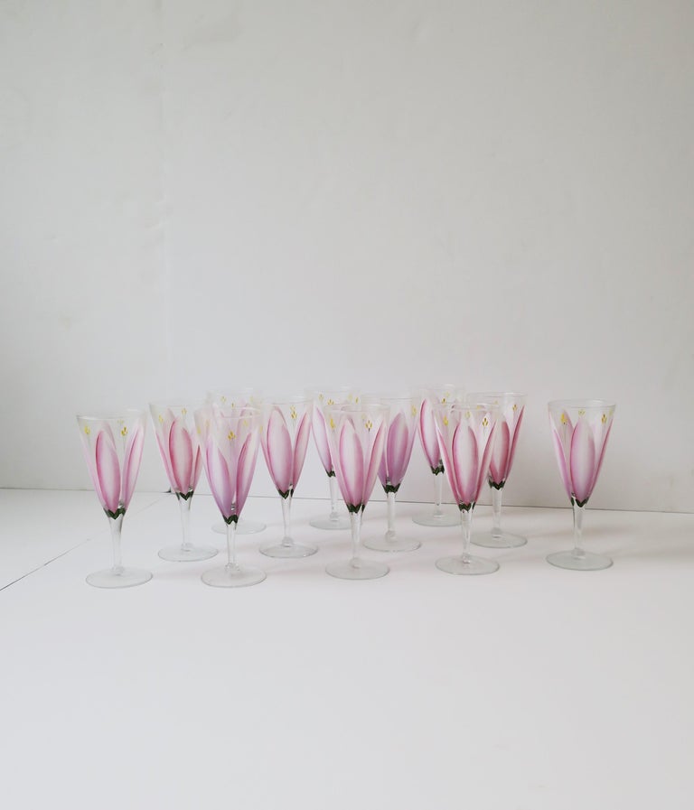 Champagne Flutes Glasses with Pink Tulip Flower Design, Set of 12 For