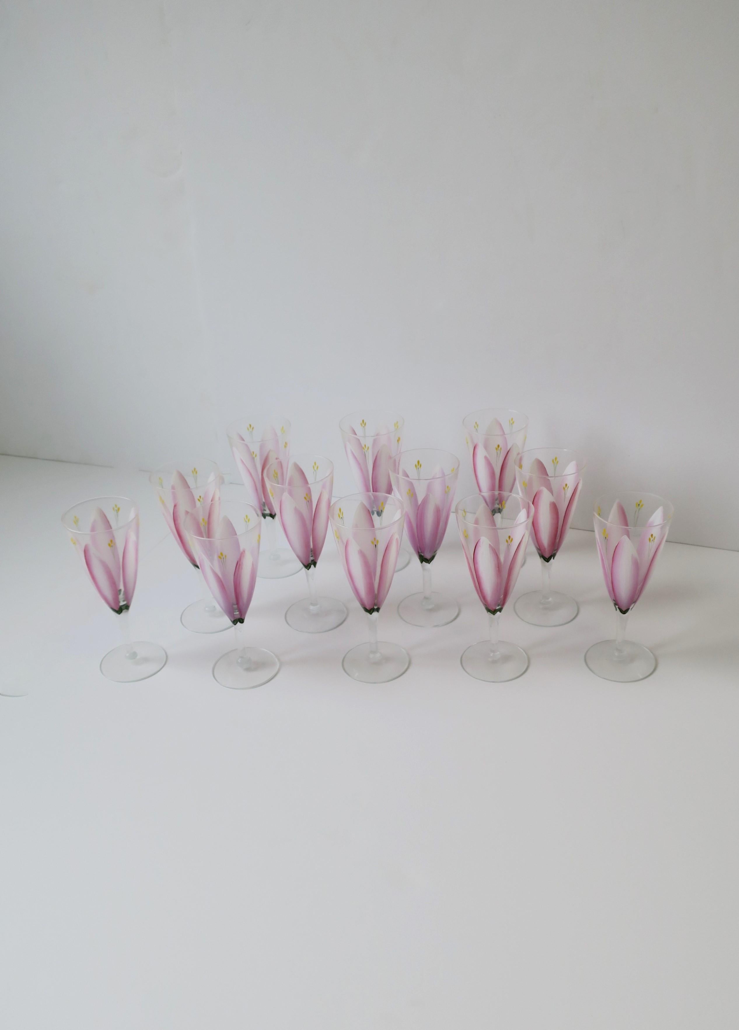 Hand-Painted Champagne Flutes Glasses with Pink Tulip Flower Design, Set of 12 For Sale