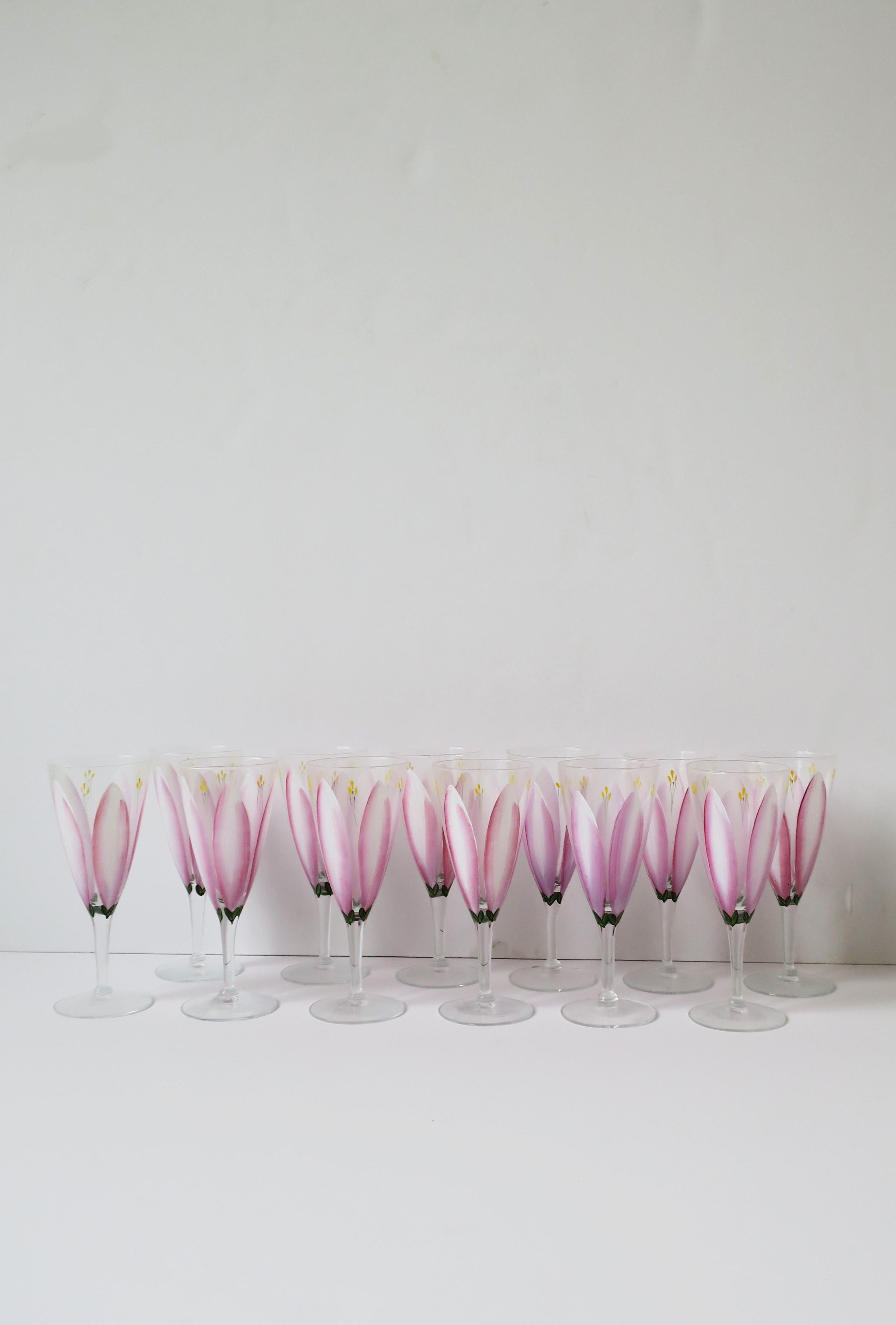Champagne Flutes Glasses with Pink Tulip Flower Design, Set of 12 In Good Condition For Sale In New York, NY