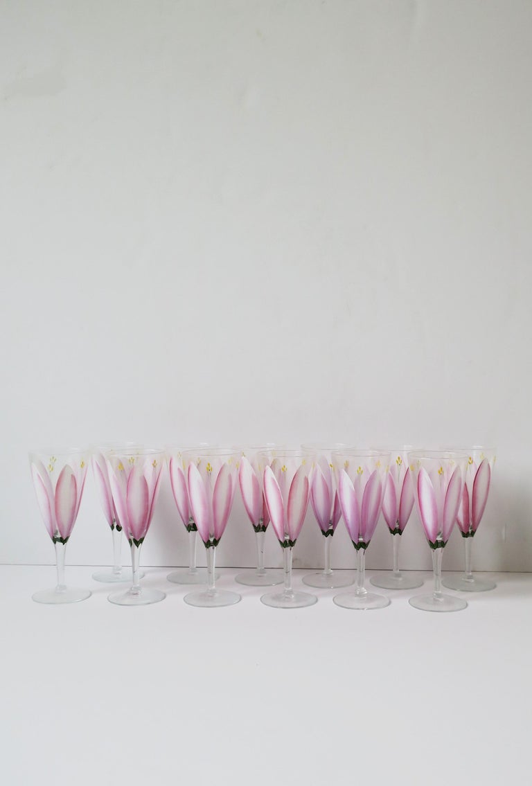 Champagne Flutes Glasses with Pink Tulip Flower Design, Set of 12 For