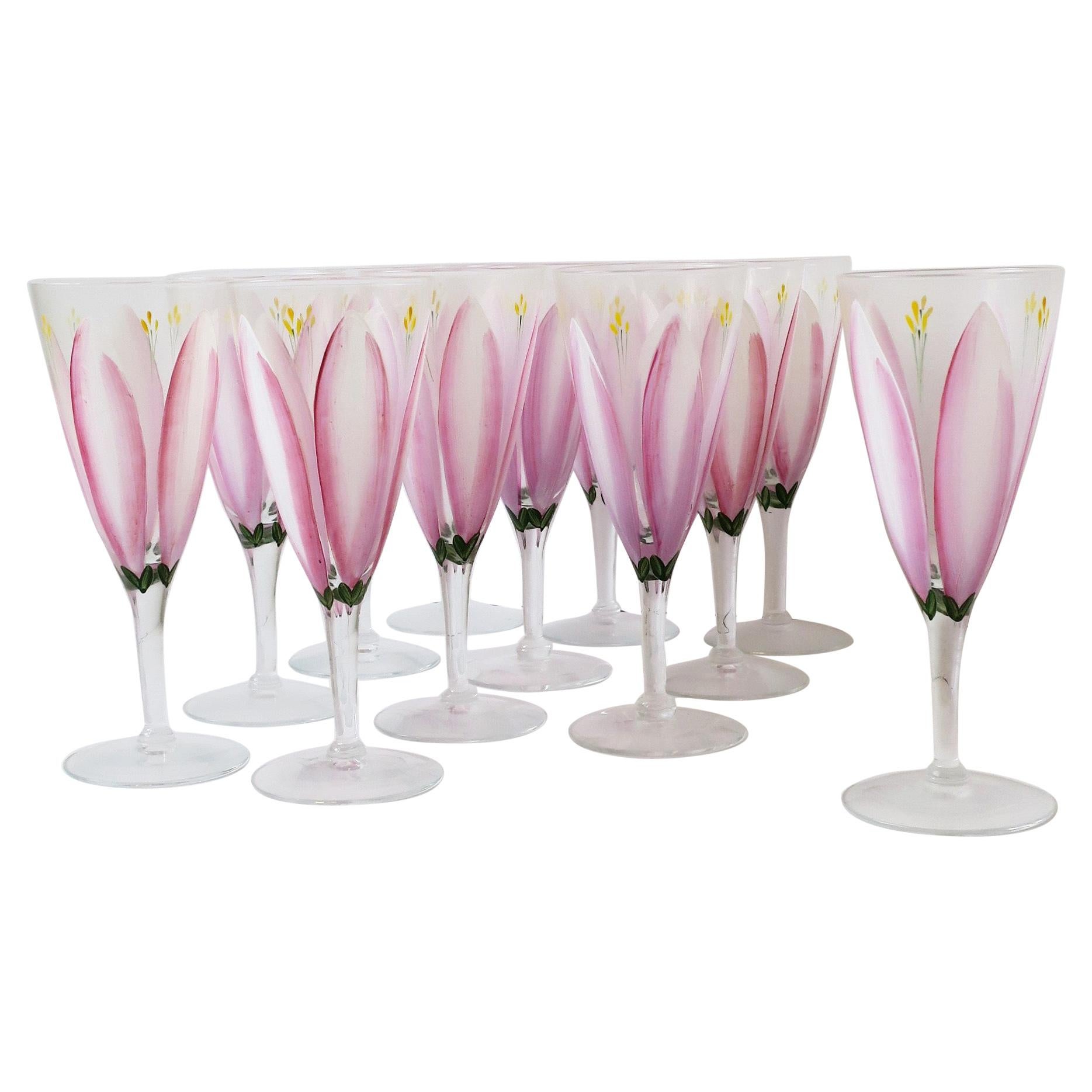 Champagne Flutes Glasses with Pink Tulip Flower Design, Set of 12