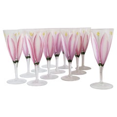 Vintage Champagne Flutes Glasses with Pink Tulip Flower Design, Set of 12