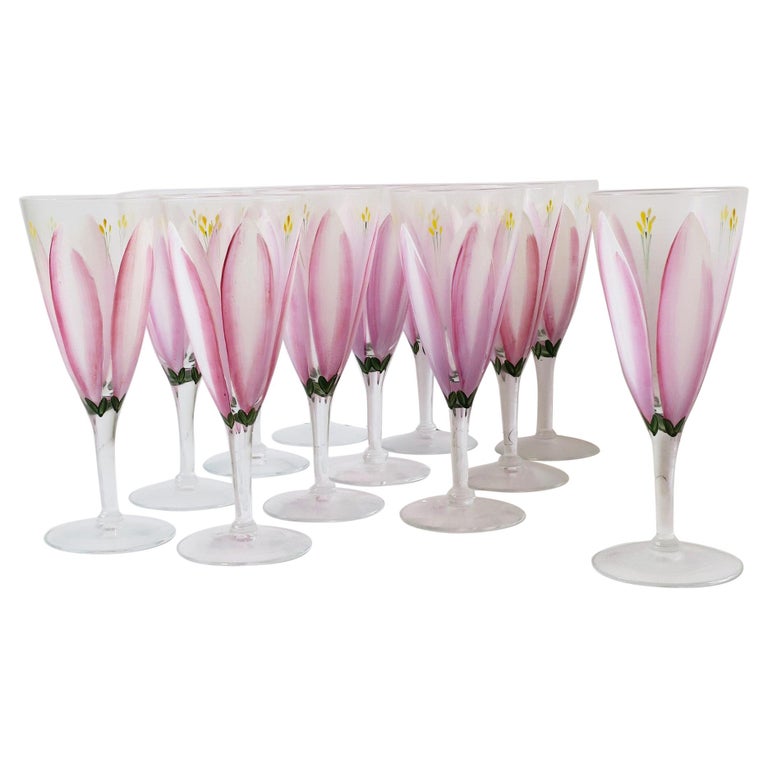 Champagne Flutes Glasses with Pink Tulip Flower Design, Set of 12 For Sale  at 1stDibs