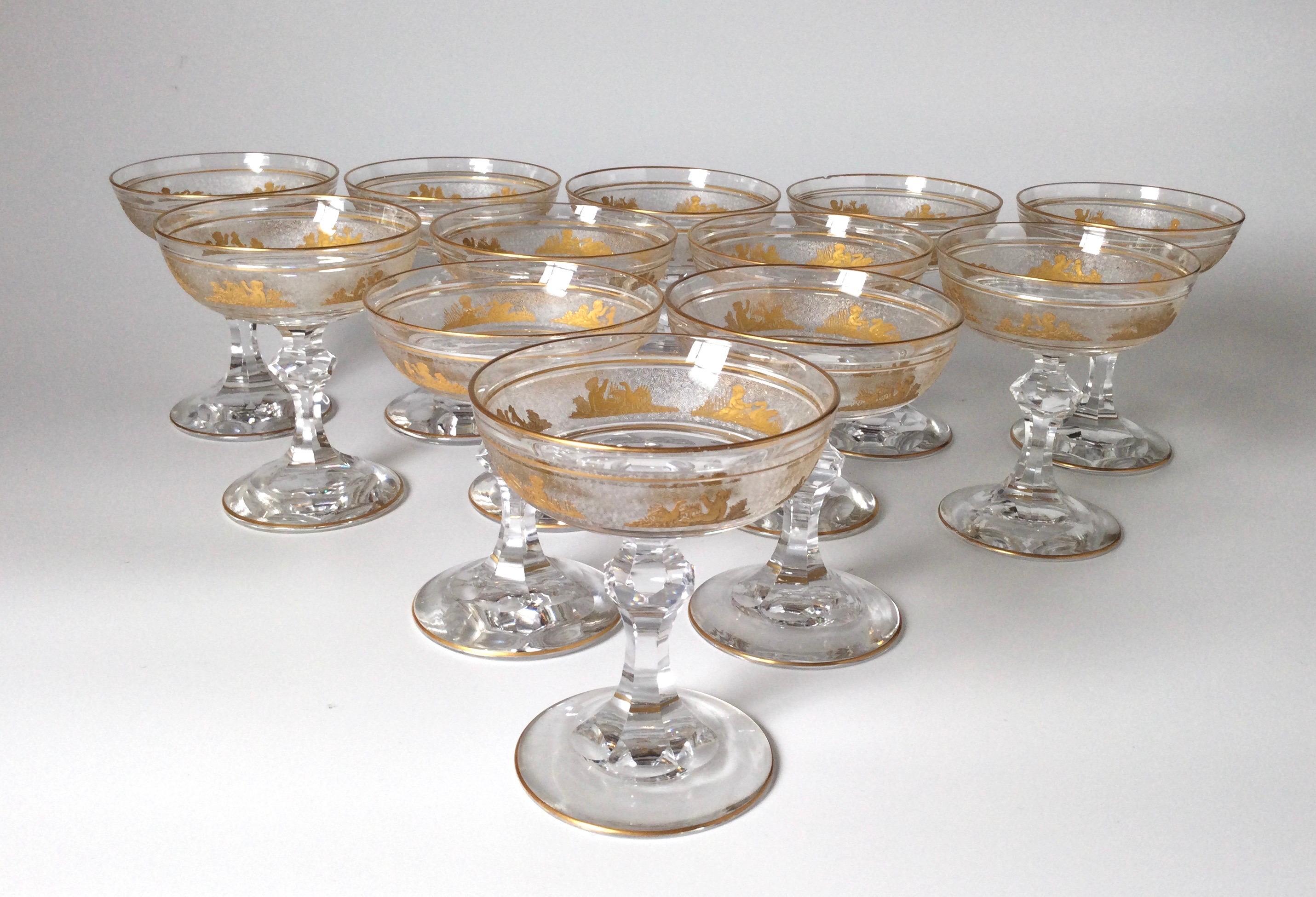 Neoclassical A Magnificent Set of 12 Champagne Glasses Made By Val St. Lambert, Panel Cut