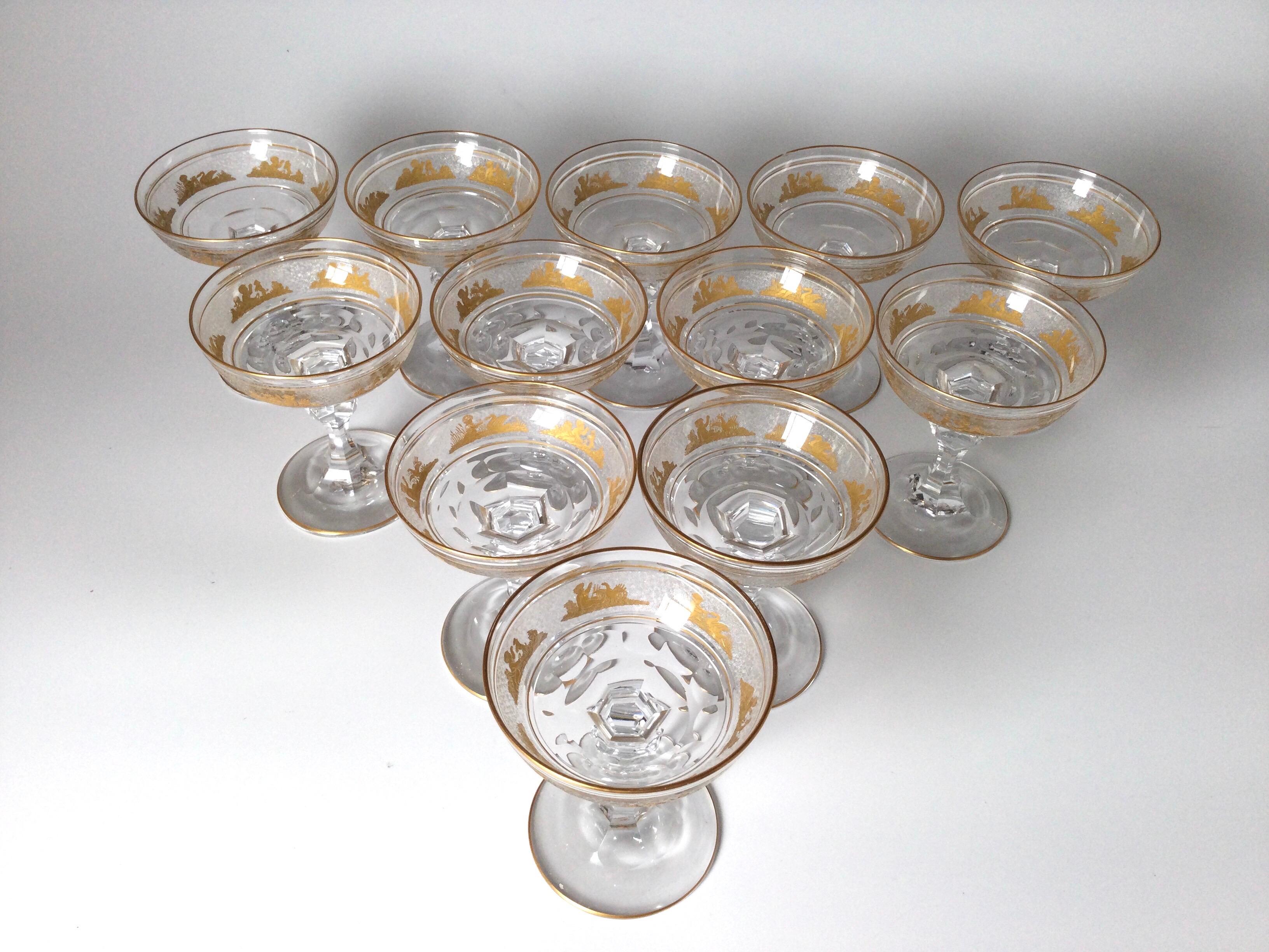 Belgian A Magnificent Set of 12 Champagne Glasses Made By Val St. Lambert, Panel Cut