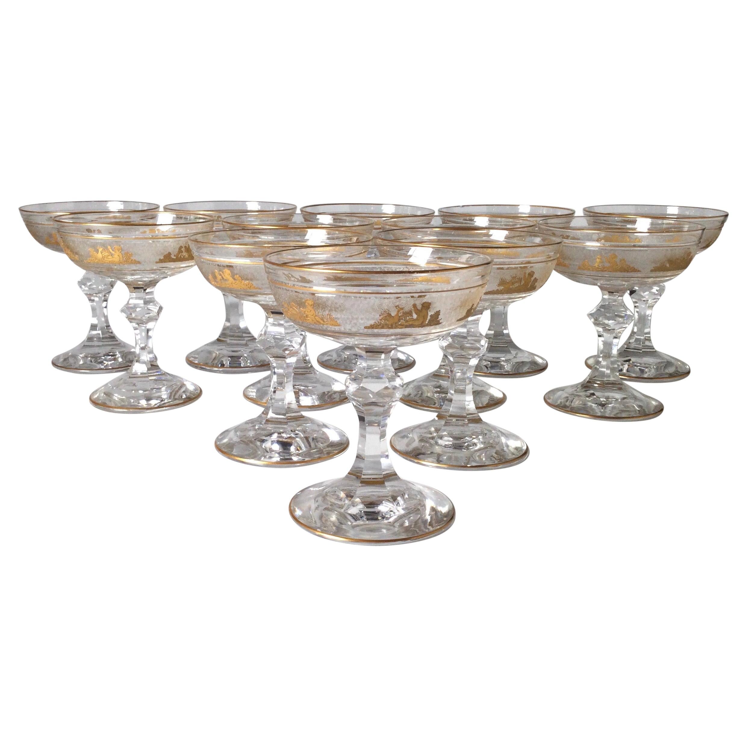 A Magnificent Set of 12 Champagne Glasses Made By Val St. Lambert, Panel Cut
