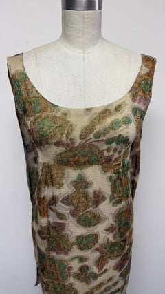 VintageChampagne, Gold, and Green Abstract Floral Print Vintage Panel Back Dress