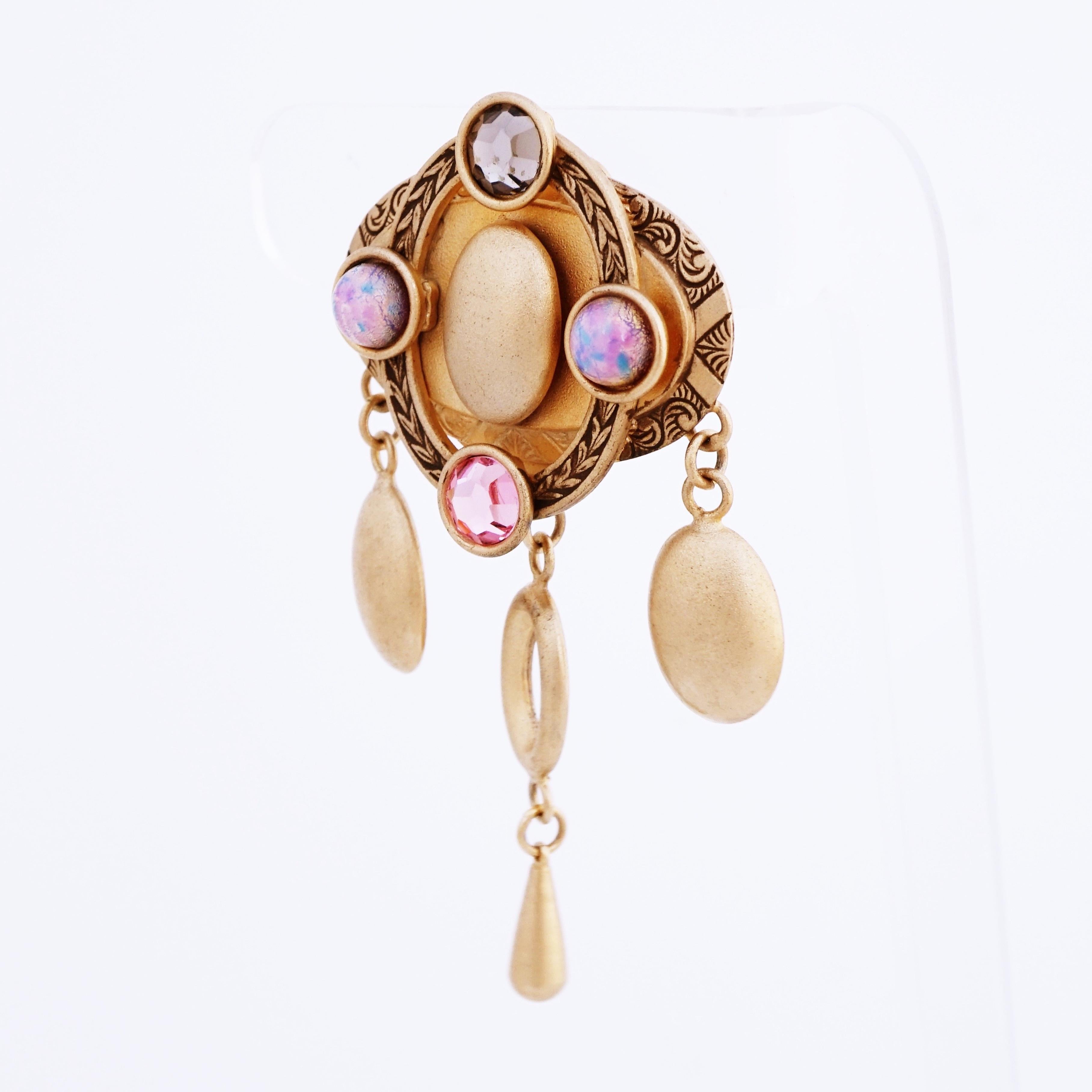 Modern Champagne Gold Dangle Earrings With Opals and Crystals By Natasha Stambouli For Sale