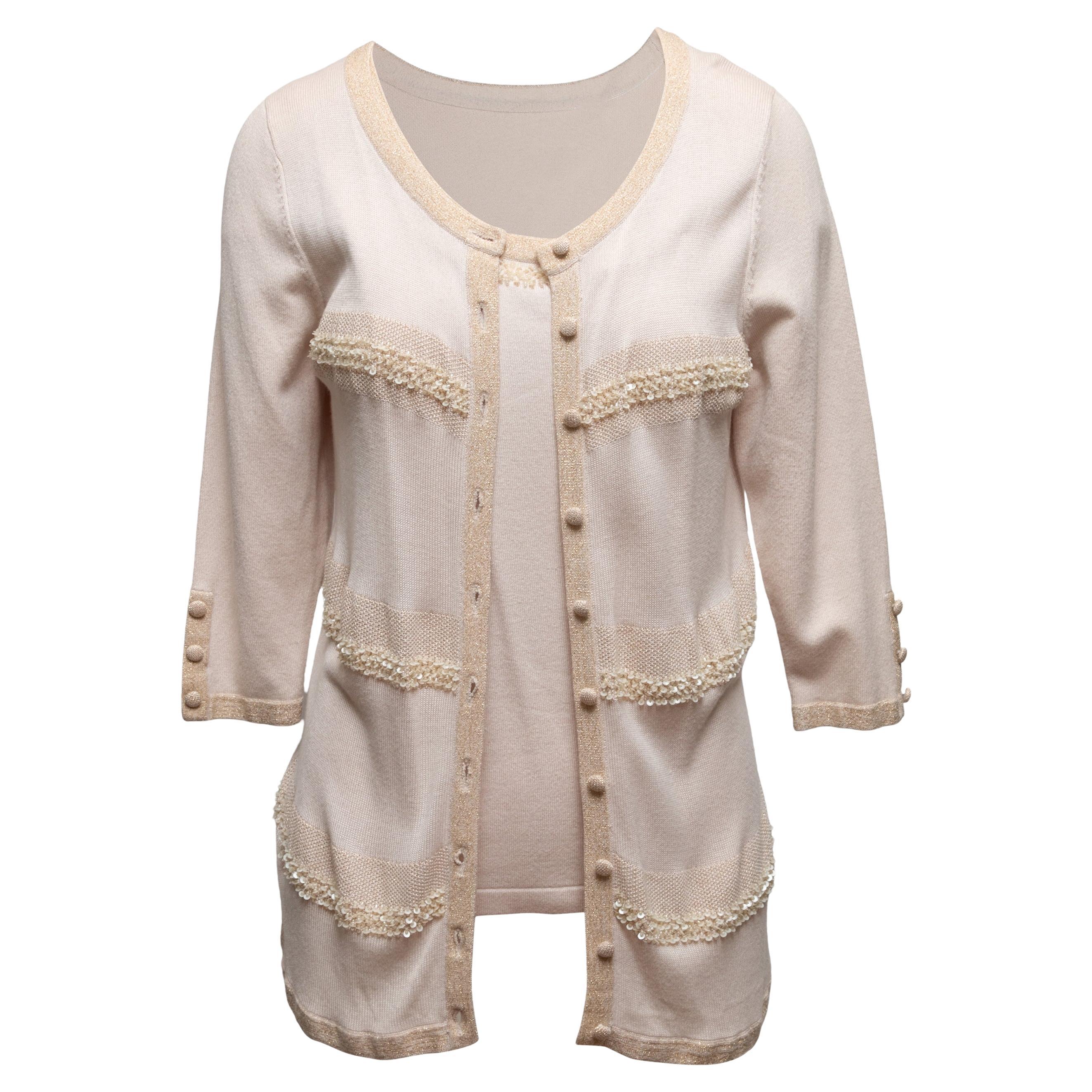 Champagne & Gold Valentino Knit Cardigan & Sleeveless Top Set Size US M For Sale