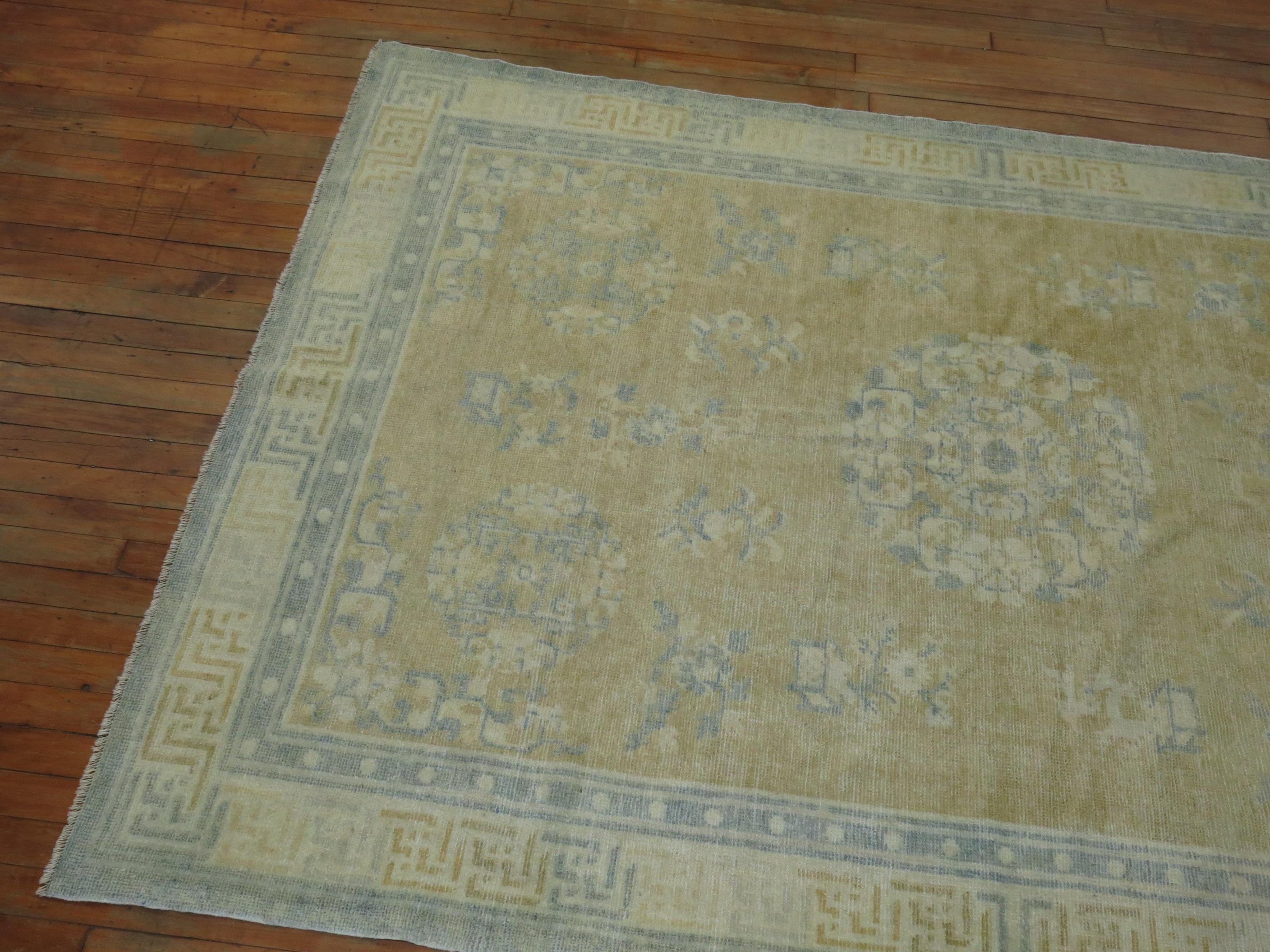 Chinese Export Champagne Mustard Soft Blue Chinese Rug For Sale