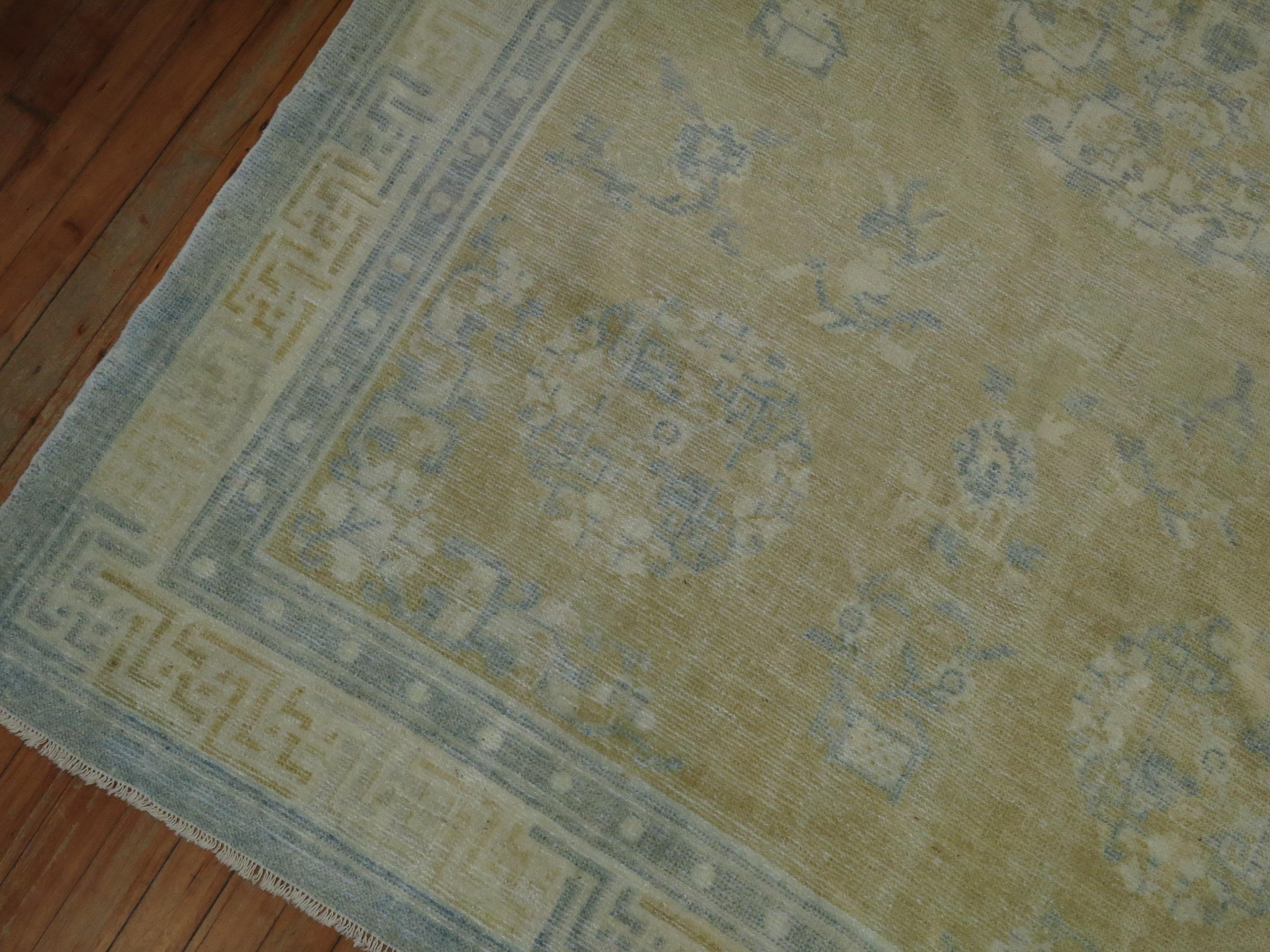 Early 20th Century Champagne Mustard Soft Blue Chinese Rug For Sale