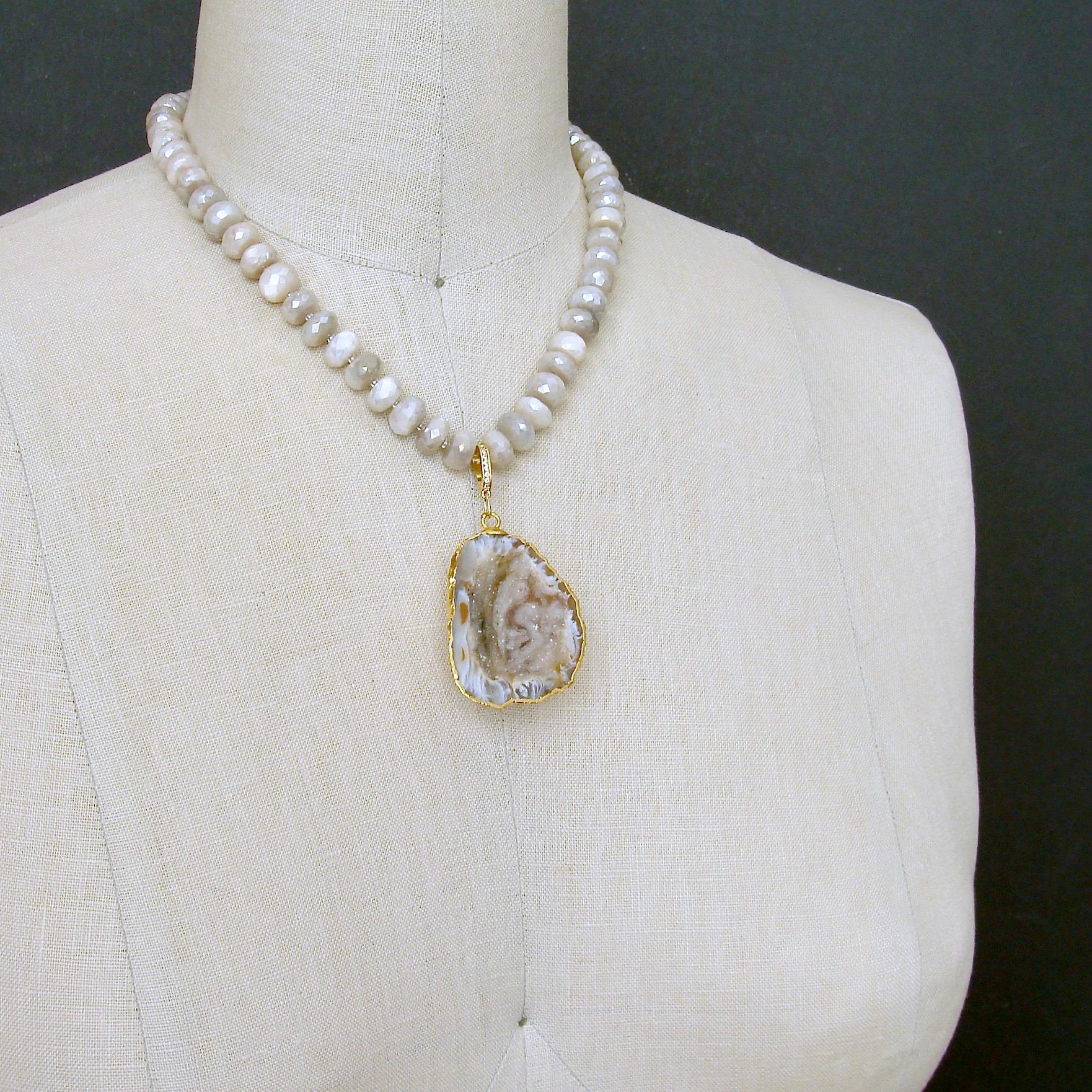 Artisan Champagne Mystic Moonstone with Removable Druzy Geode Pendant, Corine Necklace