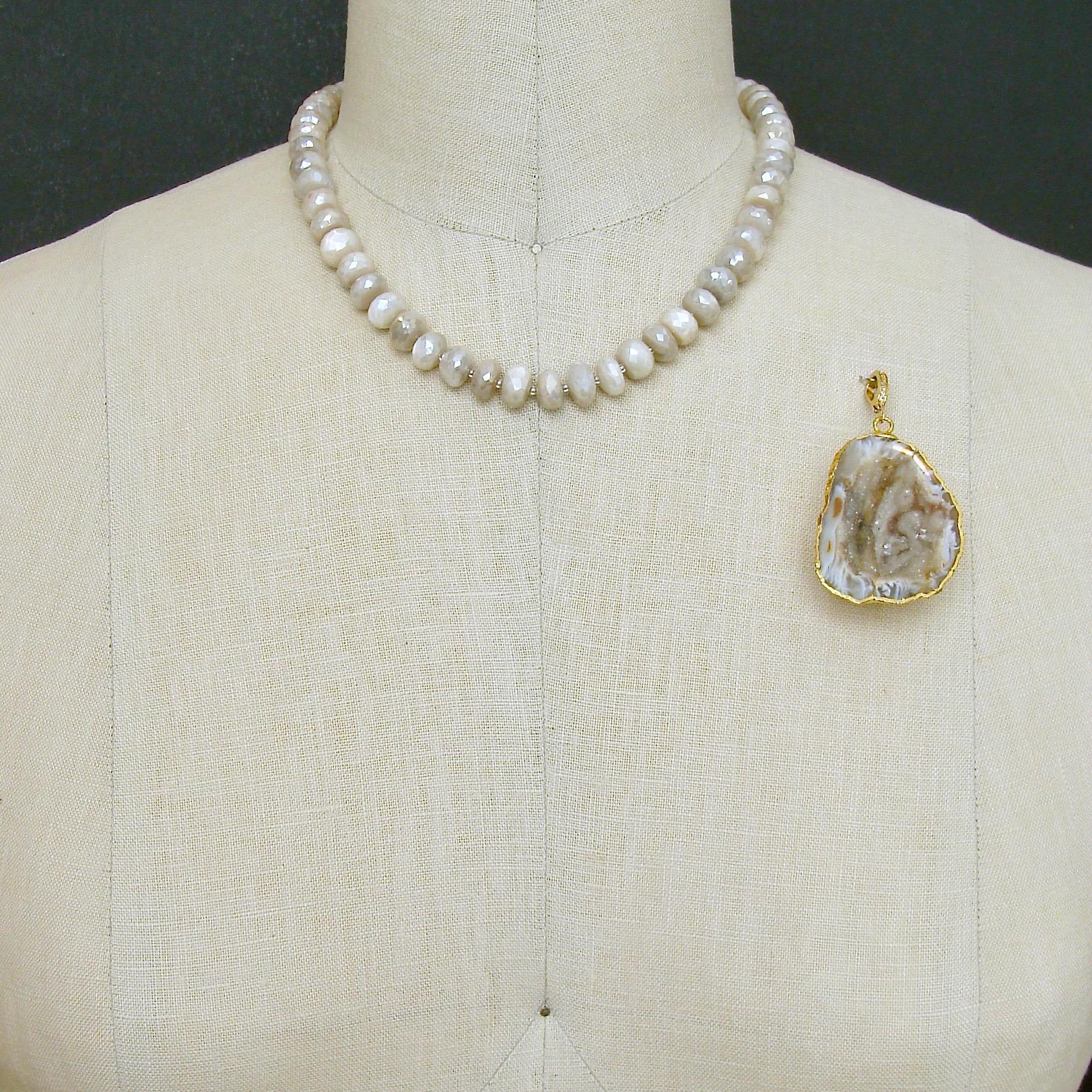 Champagne Mystic Moonstone with Removable Druzy Geode Pendant, Corine Necklace In New Condition In Colleyville, TX
