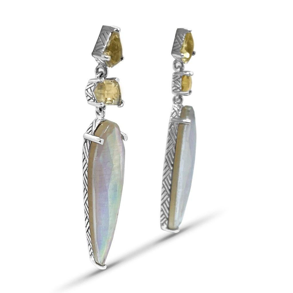 Artisan Champagne & Natural Quartz Mother Of Pearl, Sunstone Earrings in Sterling Silver For Sale