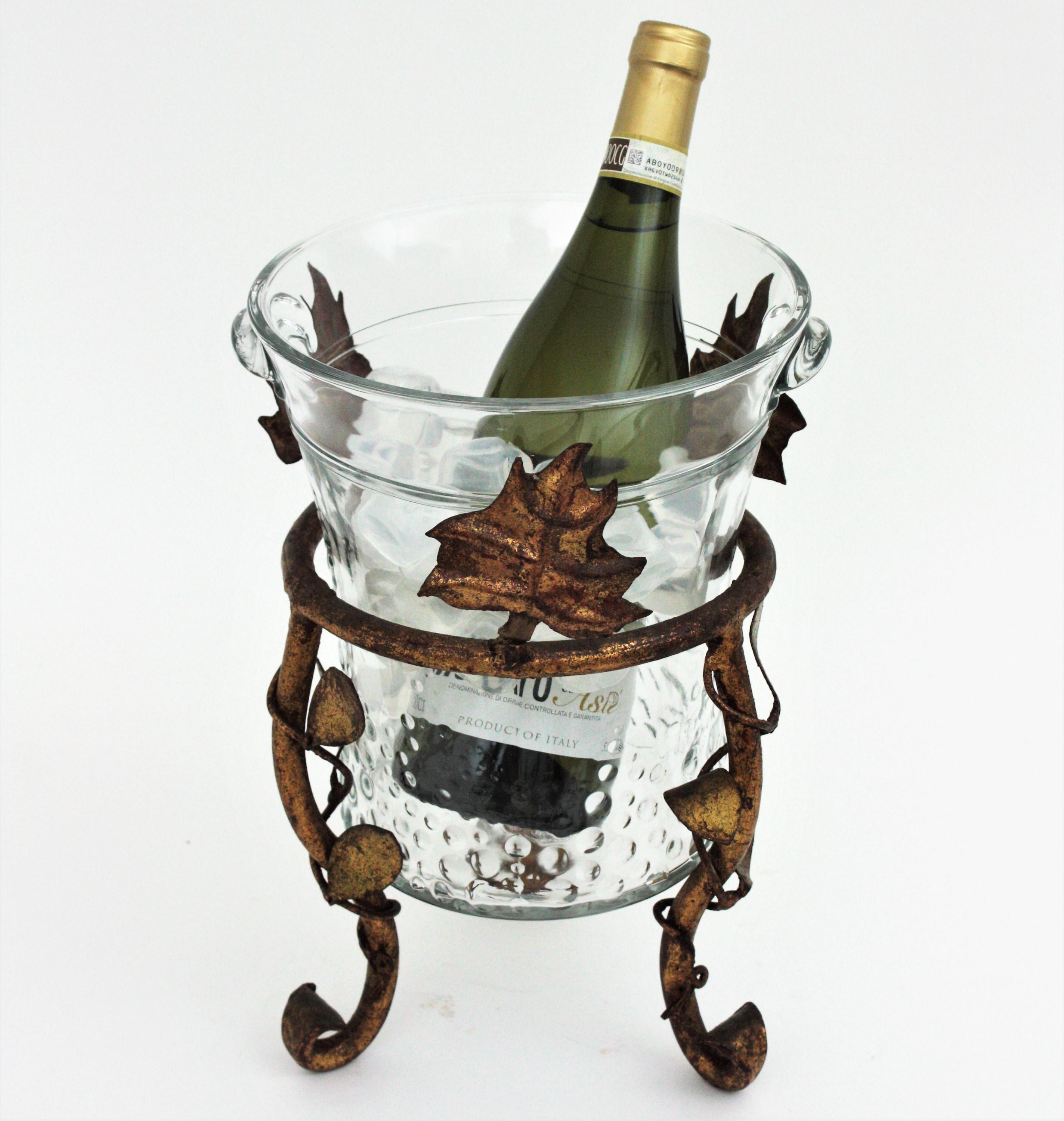 Champagne Wine Cooler Ice Bucket Stand in Gilt Iron and Glass 3