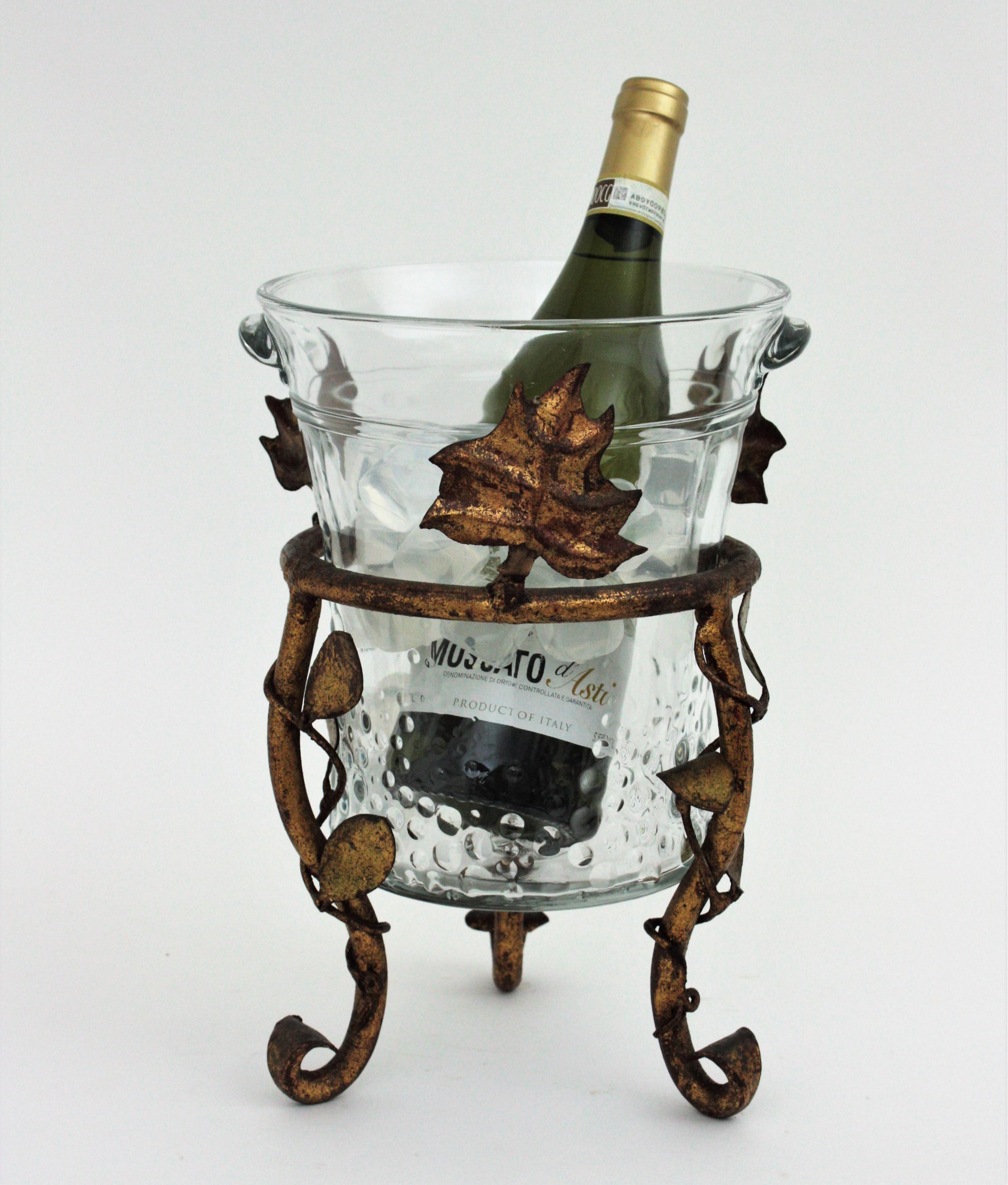 Champagne Wine Cooler Ice Bucket Stand in Gilt Iron and Glass 4