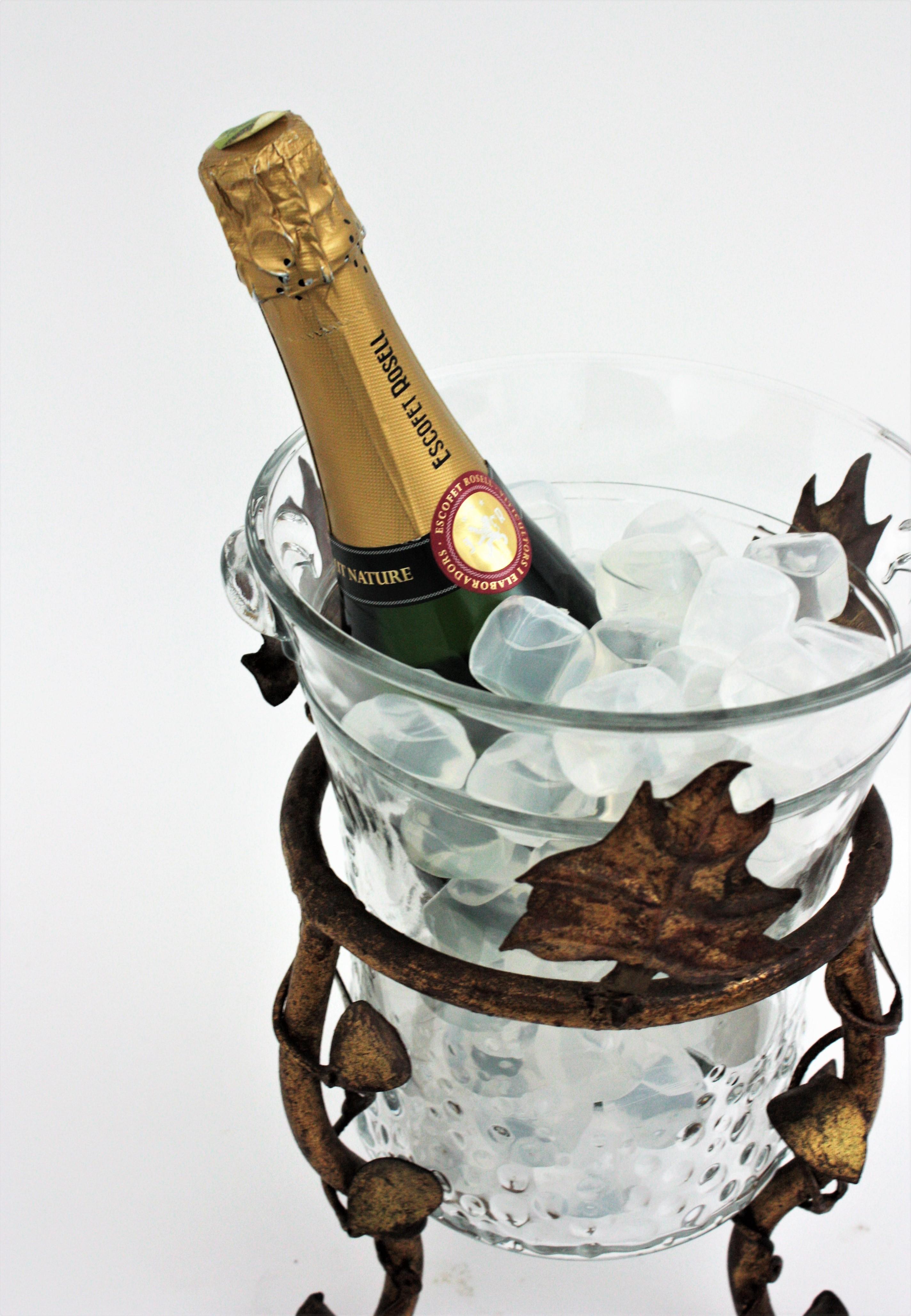 Champagne Wine Cooler Ice Bucket Stand in Gilt Iron and Glass 5