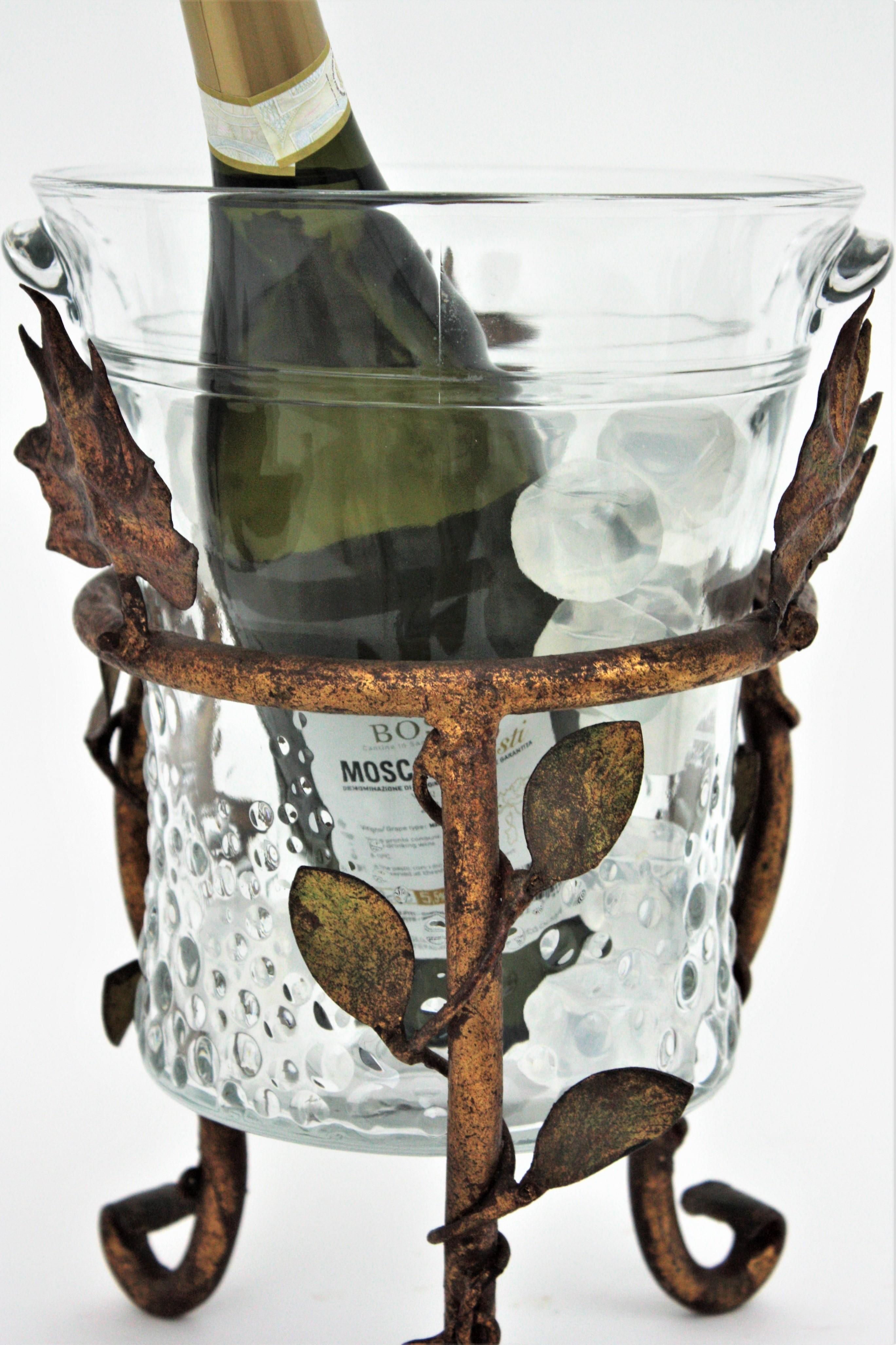 Champagne Wine Cooler Ice Bucket Stand in Gilt Iron and Glass 7