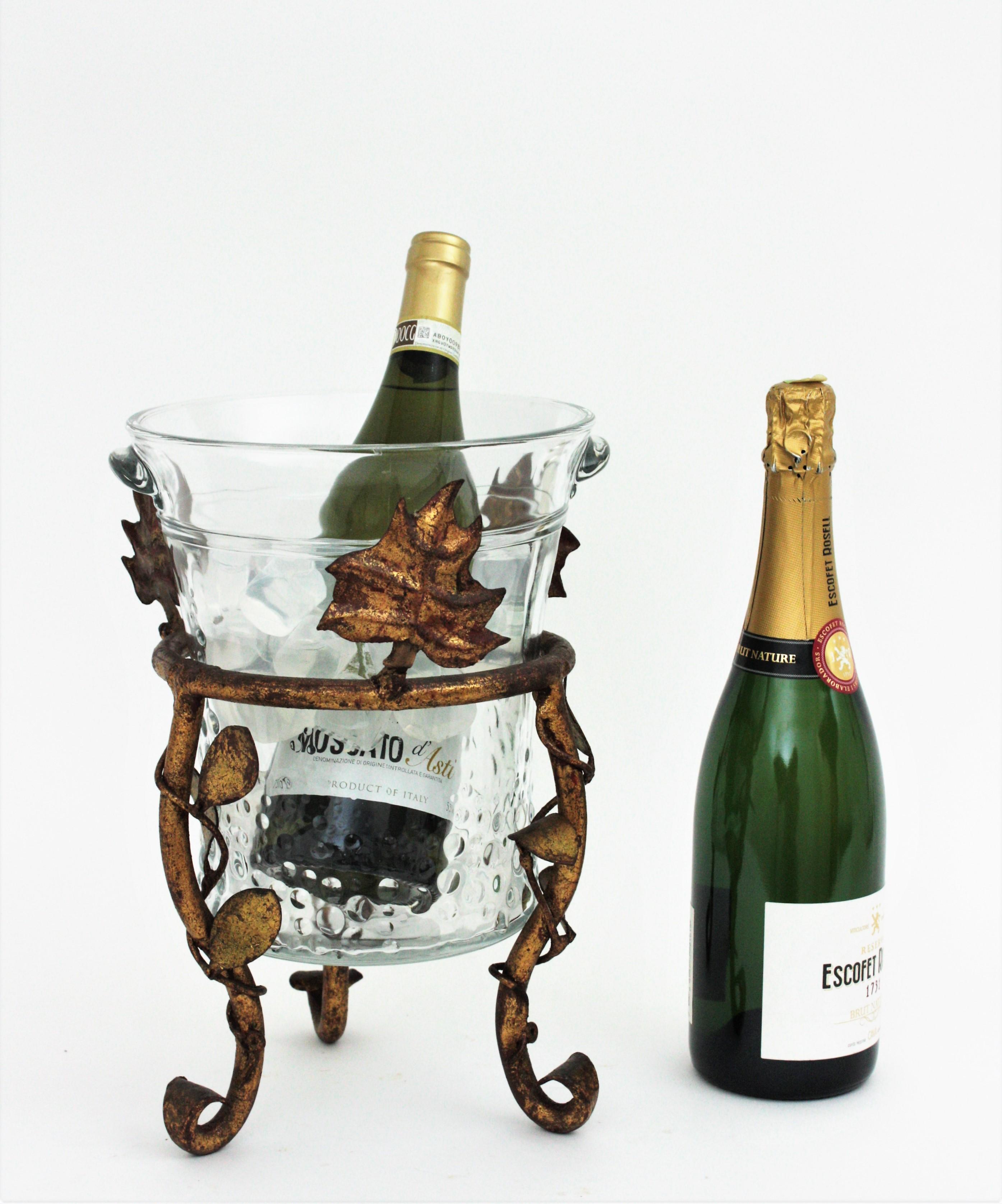 Hollywood Regency Champagne Wine Cooler Ice Bucket Stand in Gilt Iron and Glass