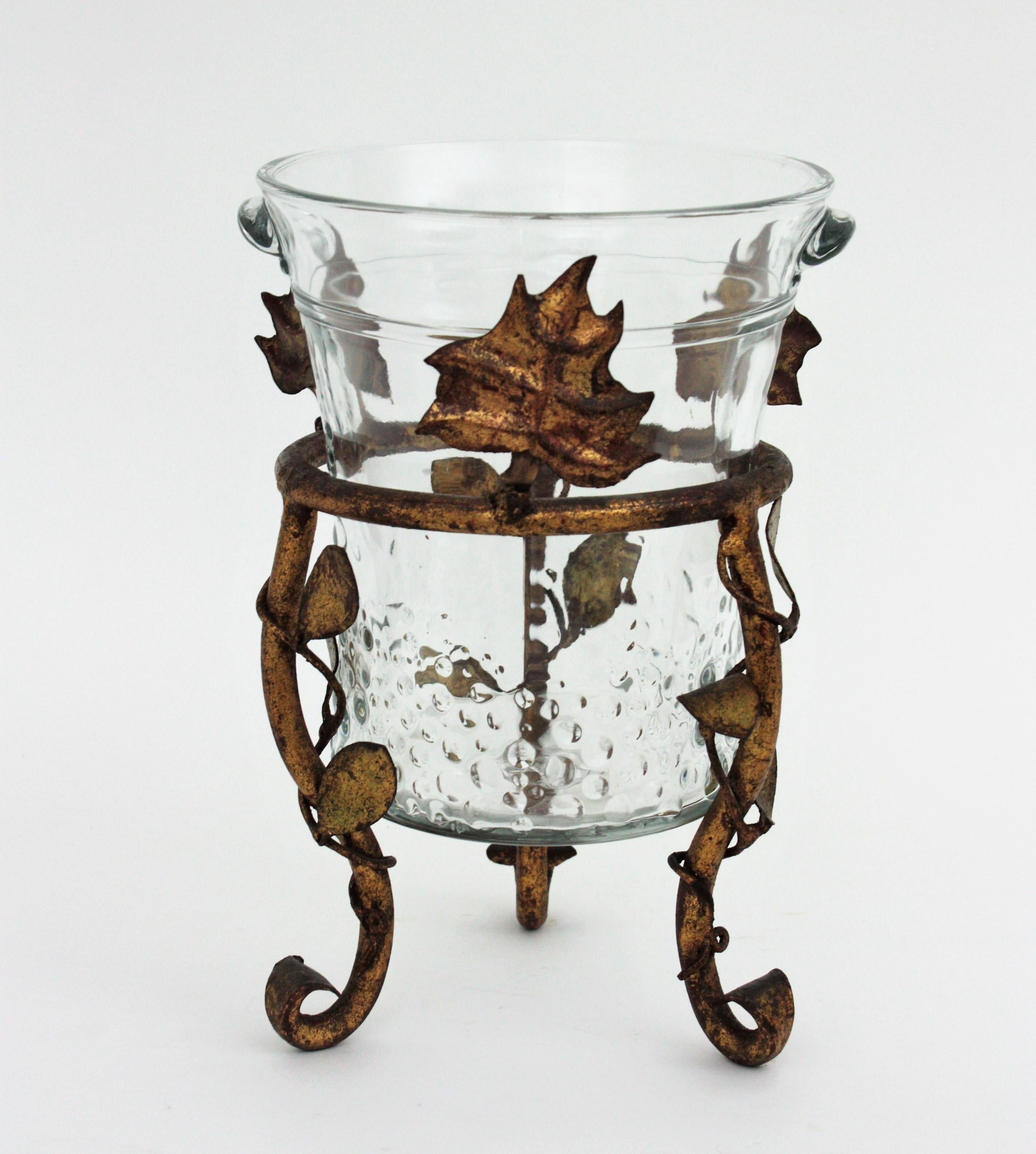 Spanish Champagne Wine Cooler Ice Bucket Stand in Gilt Iron and Glass
