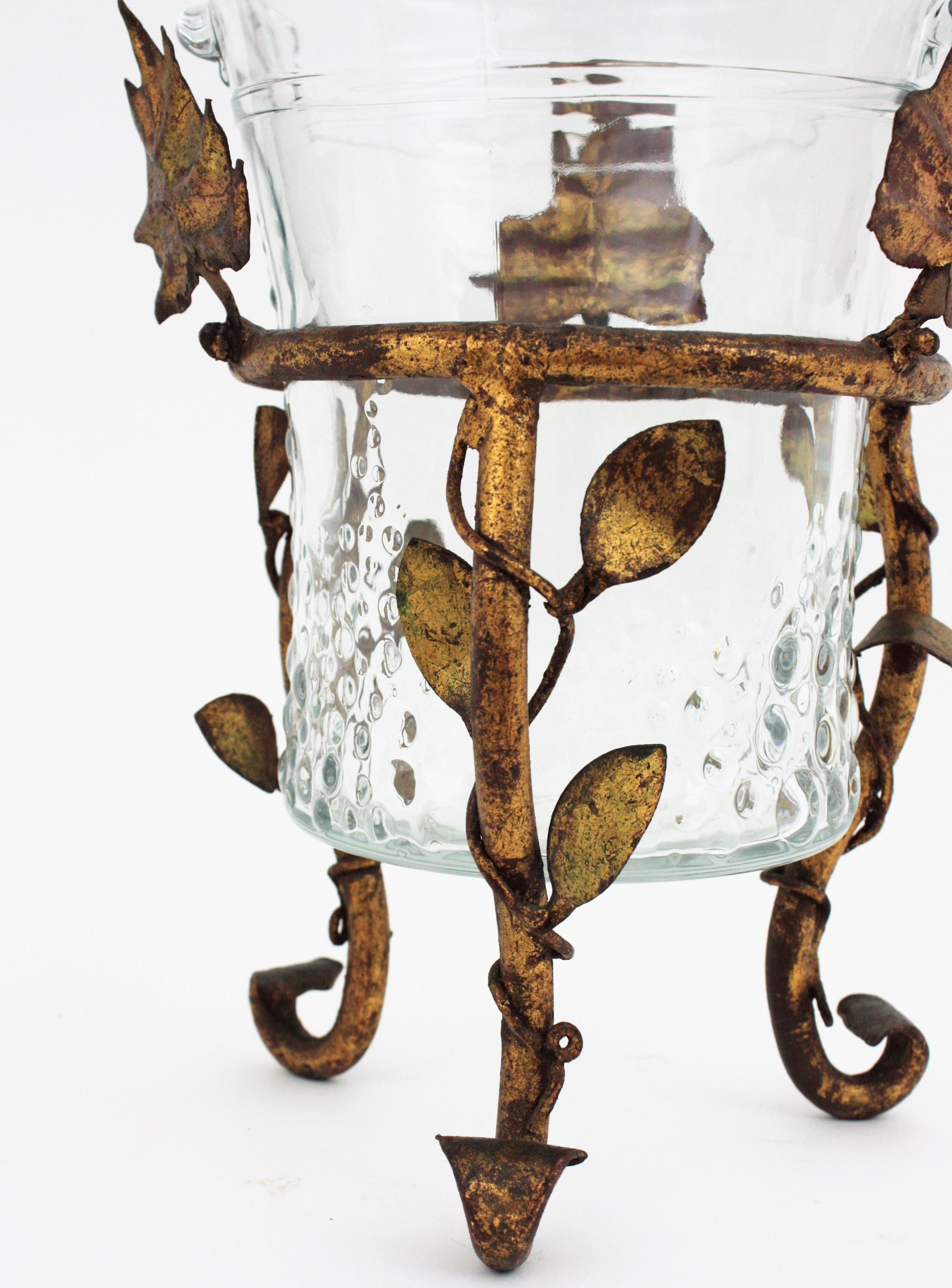 Pressed Champagne Wine Cooler Ice Bucket Stand in Gilt Iron and Glass