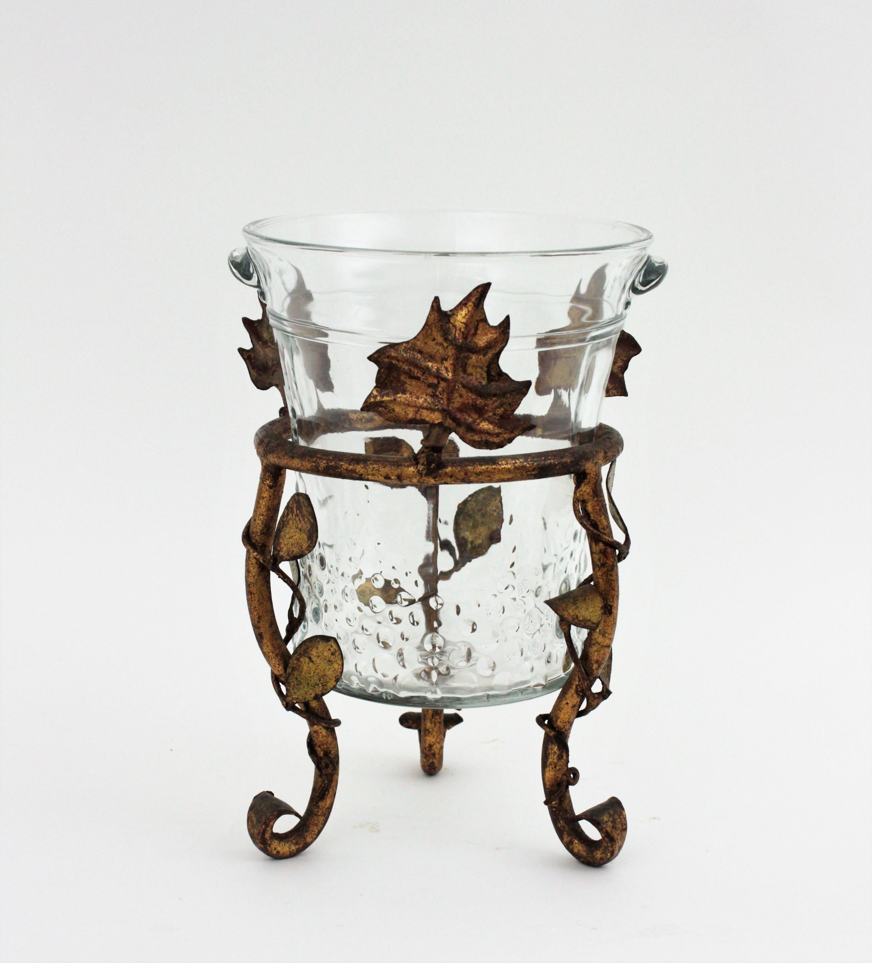 Champagne Wine Cooler Ice Bucket Stand in Gilt Iron and Glass In Good Condition In Barcelona, ES