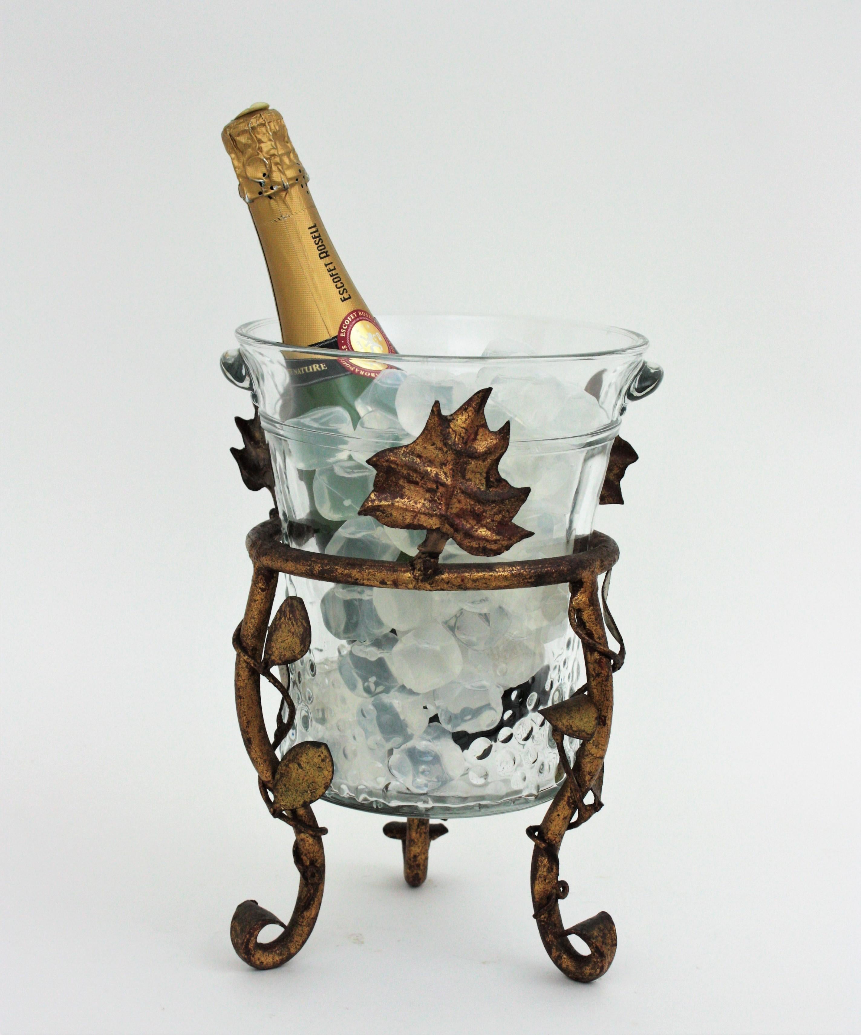 Champagne Wine Cooler Ice Bucket Stand in Gilt Iron and Glass 1