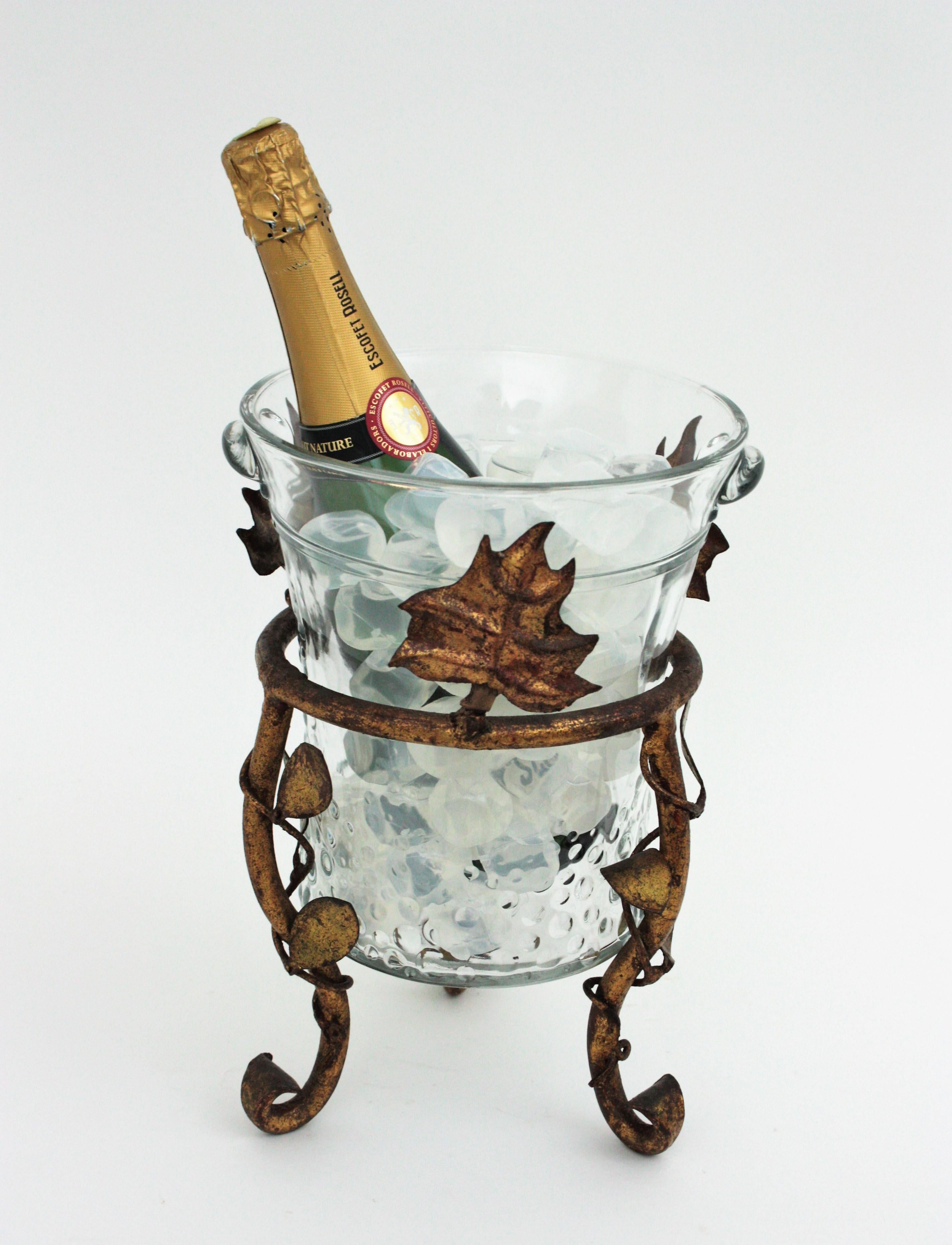 Champagne Wine Cooler Ice Bucket Stand in Gilt Iron and Glass 2