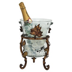 Champagne Wine Cooler Ice Bucket Stand in Gilt Iron and Glass