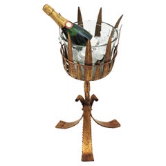 Champagne or Wine Cooler Stand Ice Bucket / Drinks Stand in Gilt Iron and Glass